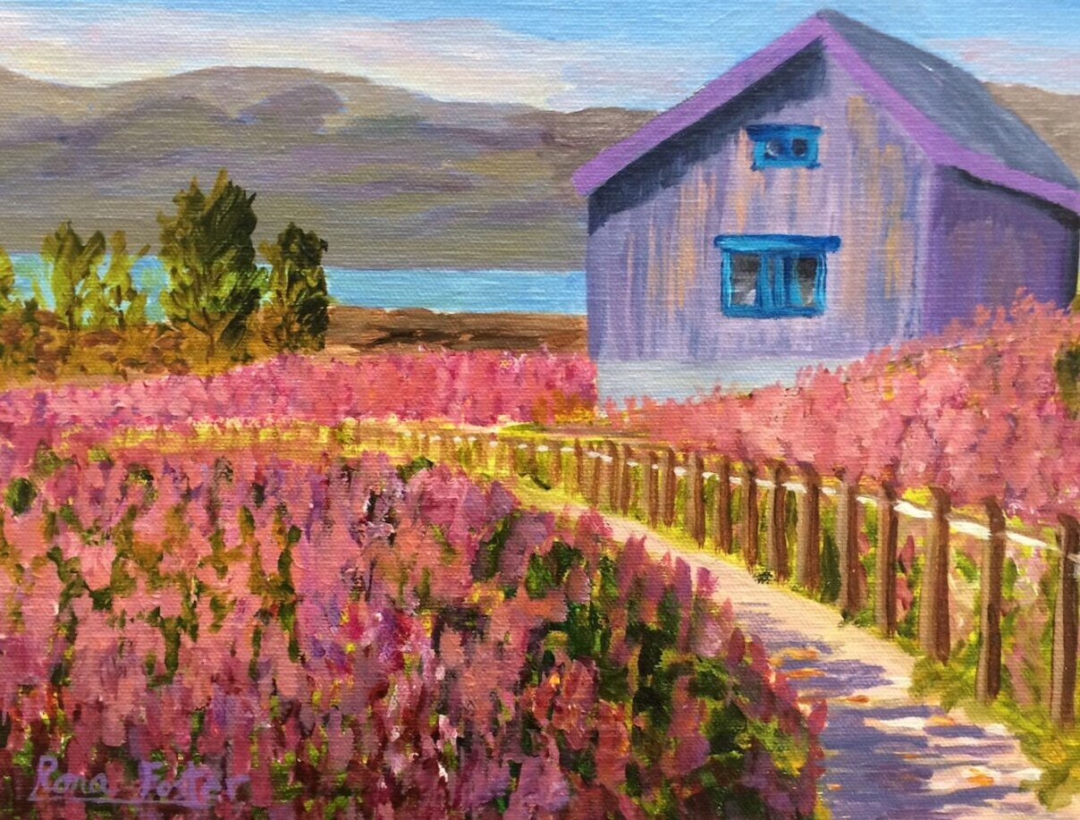 Purple House and Pink Flowers
