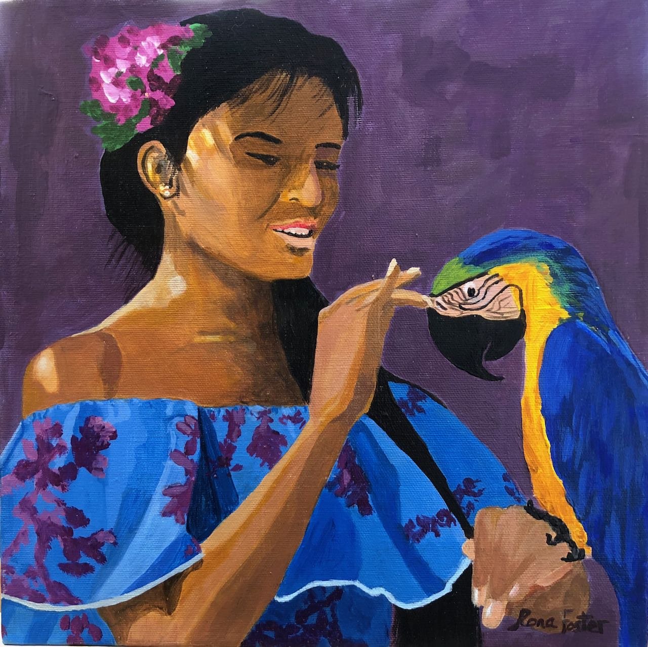 Hawaiian Woman with Blue Parrot