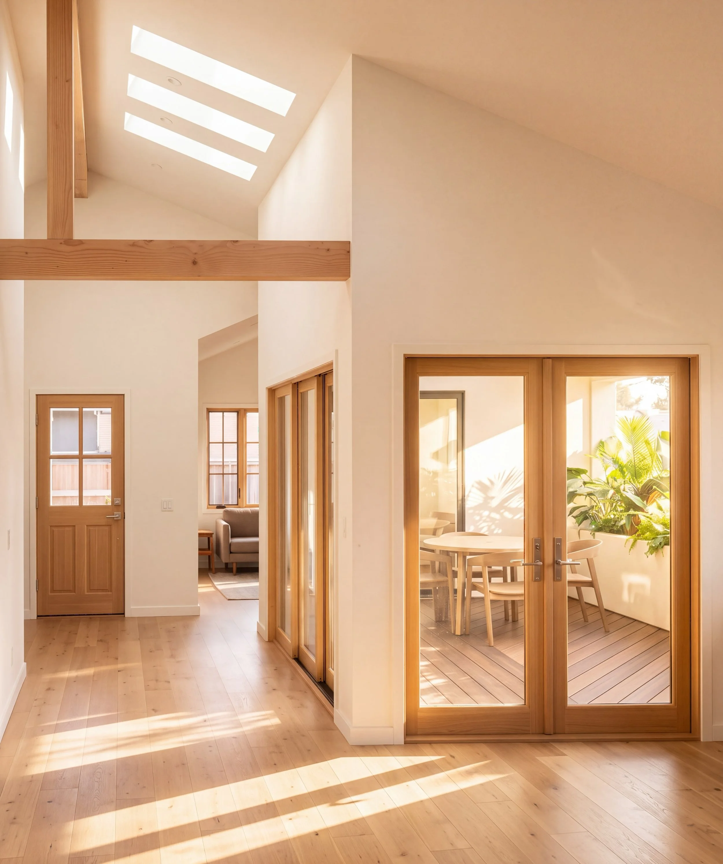 Athens St, Altadena, CA - Daylight organizes the interior.

A sequence of skylights draws light into the tall central volume, while exposed timber elements register the structure and scale of the space. Beyond, a small courtyard extends the interior 