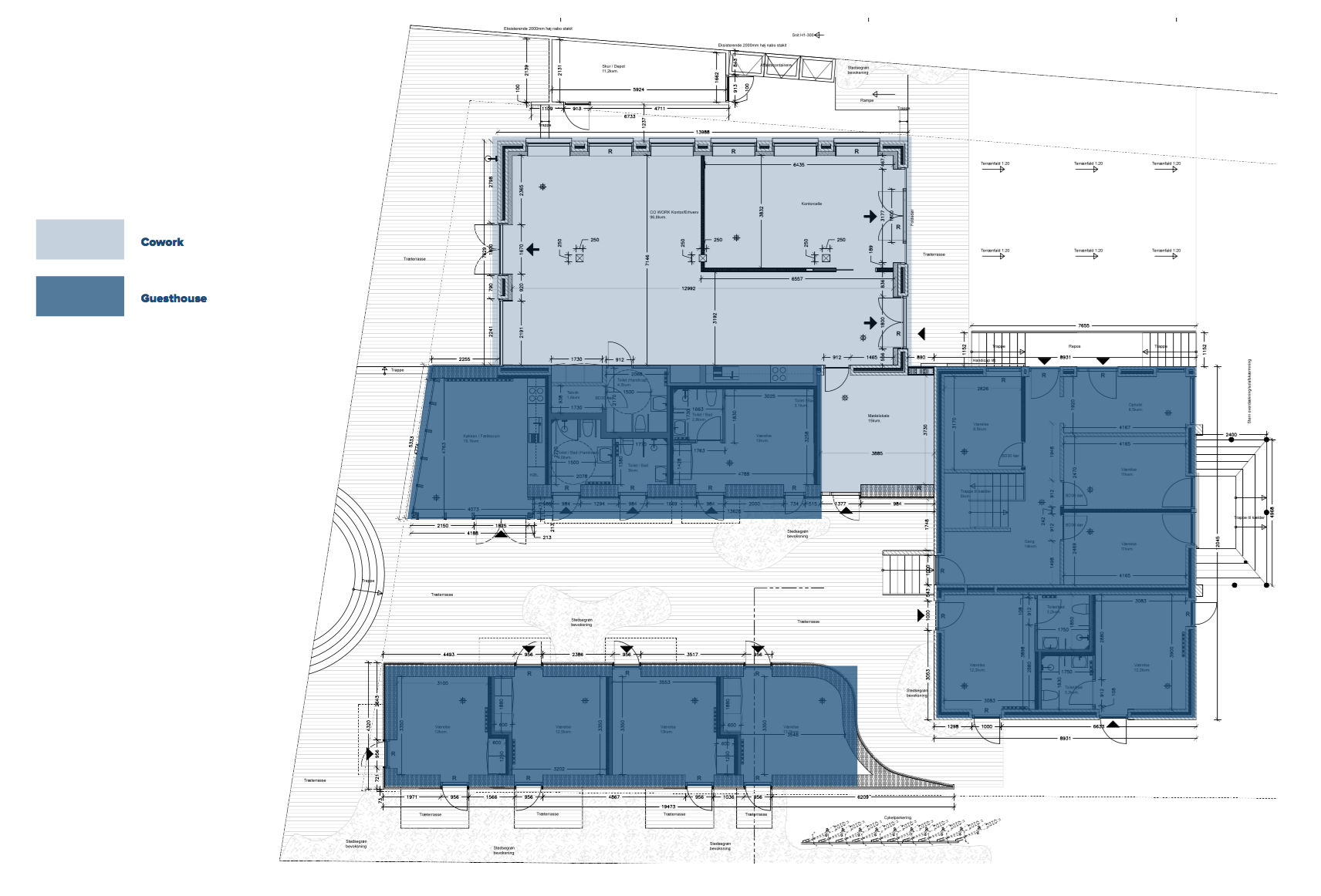 Light blue is reserved for Cowork Klitmøller. Dark blue is reserved for Guest House Klitmøller and thus ten quality double rooms will be part of the building also containing Cowork Klitmøller. It's gonna be awesome. Right = south, facing Ørhagevej . 