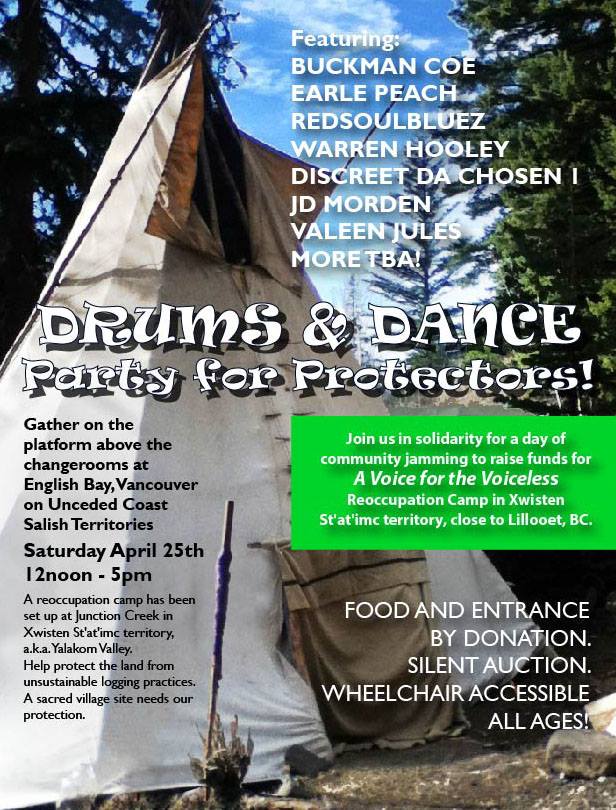 This Saturday come support the First Nation reoccupation camp protecting Xwisten St'at'imc territory from unsustainable logging practices. Drums & Dance Party for Protectors at English Bay noon-5pm. This will be an amazing day of resilience and resistance. https://www.facebook.com/events/1712019419025047/
