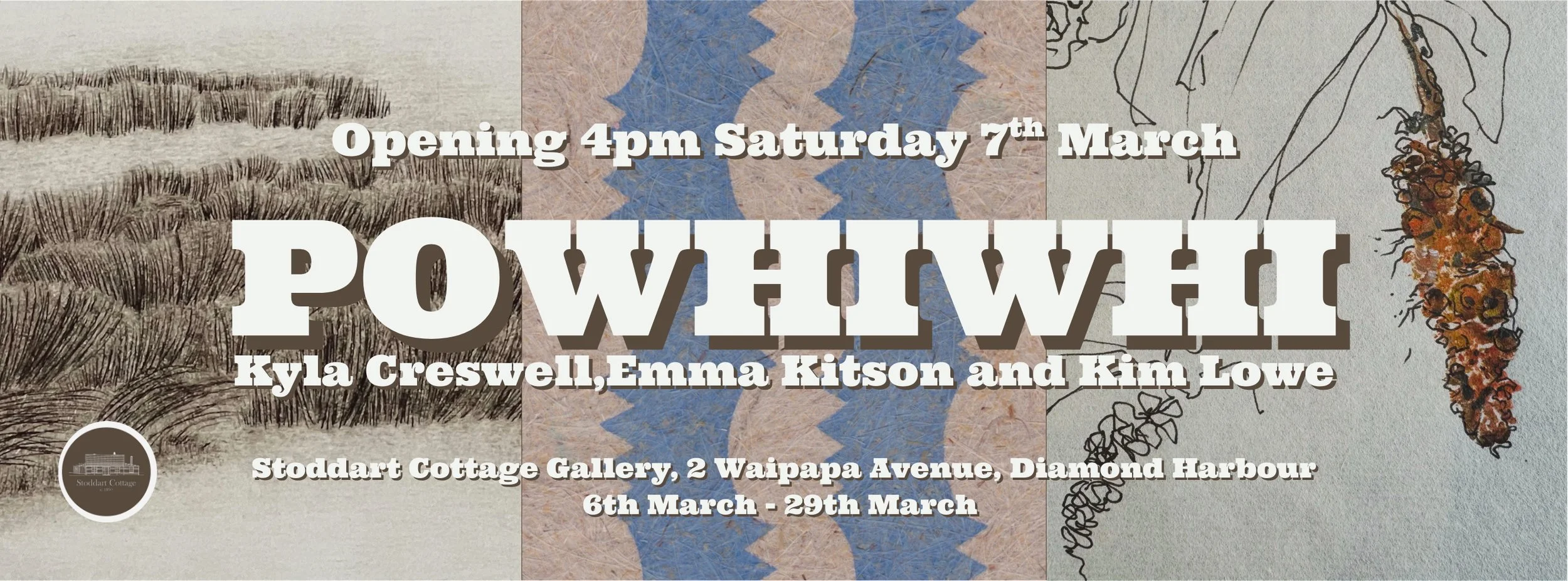 Hosted in Stoddart Cottage a Heritage House and former home to Impressionist painter Margaret Stoddart, Diamond Harbour, Banks Peninsula, Cantebury. The exhibition features works by Kyla Cresswell, Emma Kitson and Kim Lowe