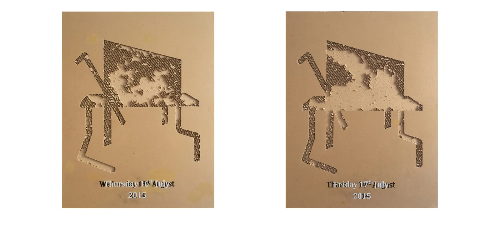 In search of Higg's Boson - Thursday 16th July 2015 In search of Higg's Boson - Friday 17th July 2015 76cm X 97cm mixed media on dufaylite On reaching a date the owner may wish to overpaint a new future date and this will not compromise the authenticity of this work.