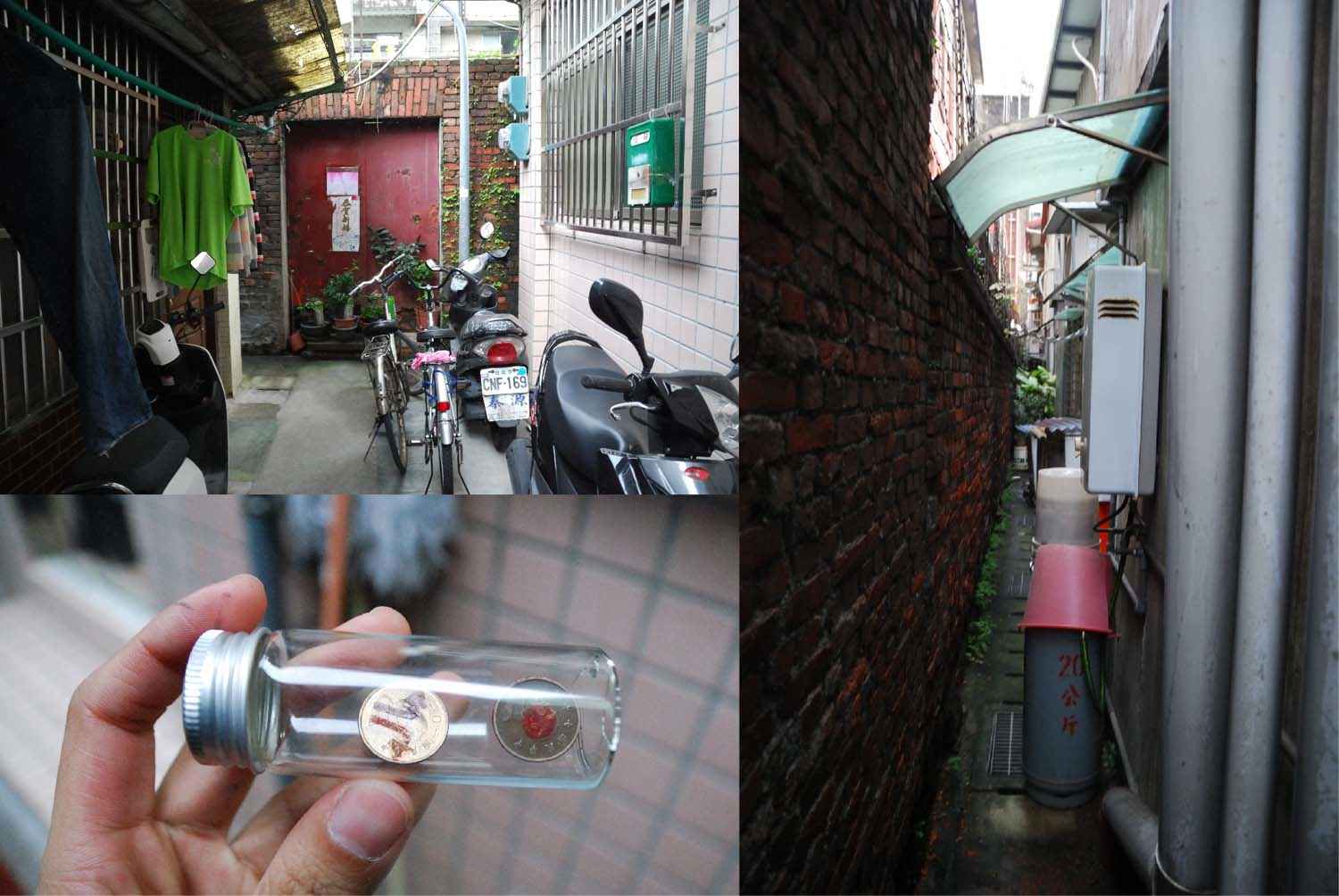 Walked for over 2 hrs to a residential alley. Seemed reaching a dead end, toss again: turn right. It's a gap barely for a person to pass through. 差不多走了兩個多小時,來到一條住宅的小巷,眼看己經到末路,擲到向右轉,是一條只有一個身位的縫隙。