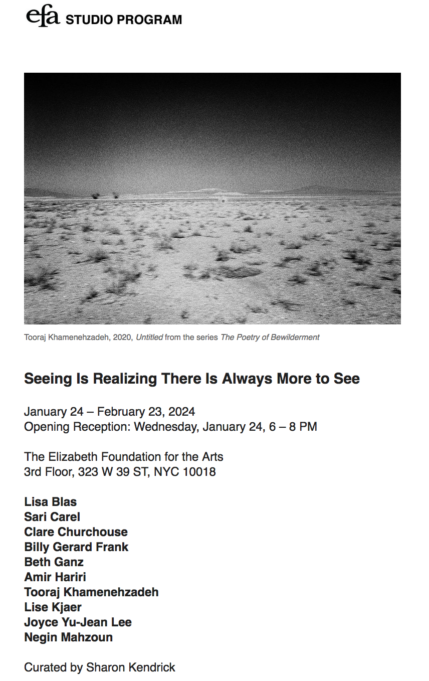   “Seeing Is Realizing There Is Always More to See”   EFA Studios 323 West 39th St., New York, NY  January 24 – February 23, 2024 Opening Reception, January 24, 6 – 8 p.m. Hours: Tue – Fri 12 – 5 pm 