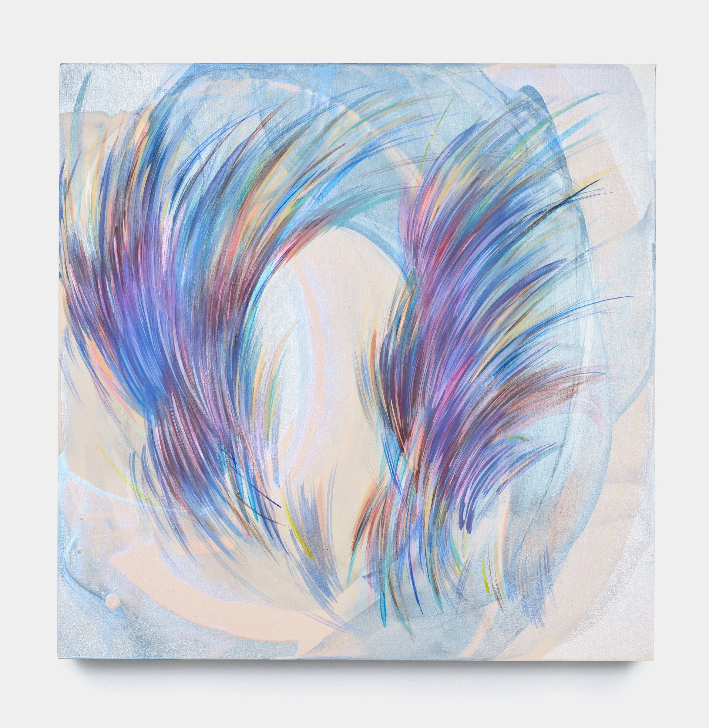 Lisa Blas, Routes to Oceania: pluma, esperansa | feathers, hope Acrylic, ink and interference paint on panel, 40 × 40 centimeters 2024