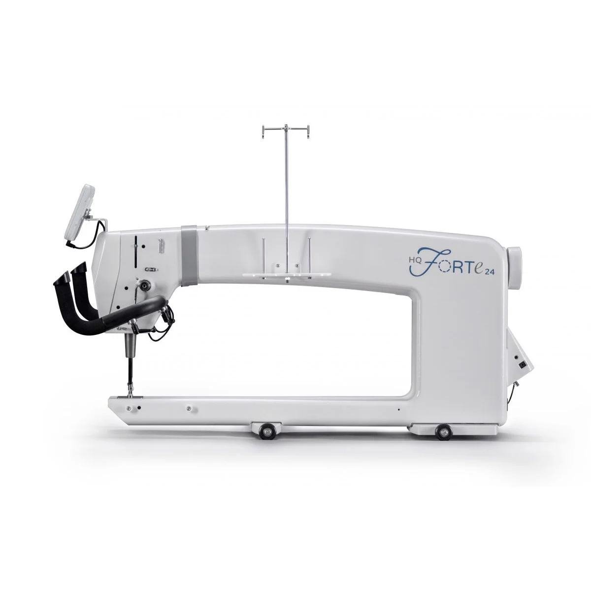 Experience quality, precision, and a world of quilting possibilities. From baby quilts to king-size, the HQ Forte is the perfect fit for your style of quilting. The HQ Forte 24-inch longarm machine with HQ Gallery2 Frame (choose from 10-foot or 12-foot). Everything you need for free-motion quilting right out of the box (including a powerful stand-alone bobbin winder). 24″ of brightly-lit throat space Pinpoint Needle Laser Easy-Set Tension™ 7-inch color touchscreen (add the Pro-Stitcher® and use that tablet for your machine display instead) Menu-controlled QuiltMaster™ LED Lighting Package: throat, needlebar, and bobbin QuiltMaster™ front handlebars: Independently adjustable, ergonomic with integrated micro handles QuiltMaster™ servo-controlled stitch regulation (perfect stitches, every time) Programmable handlebar buttons Stitching speeds up to 2,500 stitches per minute Consistent stitch quality from 4-24 stitches per inch Two modes of stitch regulation: Precision or Cruise Five convenient built-in tie-off stitches High-speed rotary hook with large-capacity M-class bobbin Manual mode with three customizable preset speeds Pro-Stitcher ready! All necessary cabling is pre-installed inside Handi Feet®-compatible; includes ruler foot and open-toe foot On-screen hand wheel Magnetic Tool Minder Collar Bobbin-use estimator Front power switch Thread-break sensor and alarm Stitch counter Easy needle change Needle-stop up/down control Five basting stitches