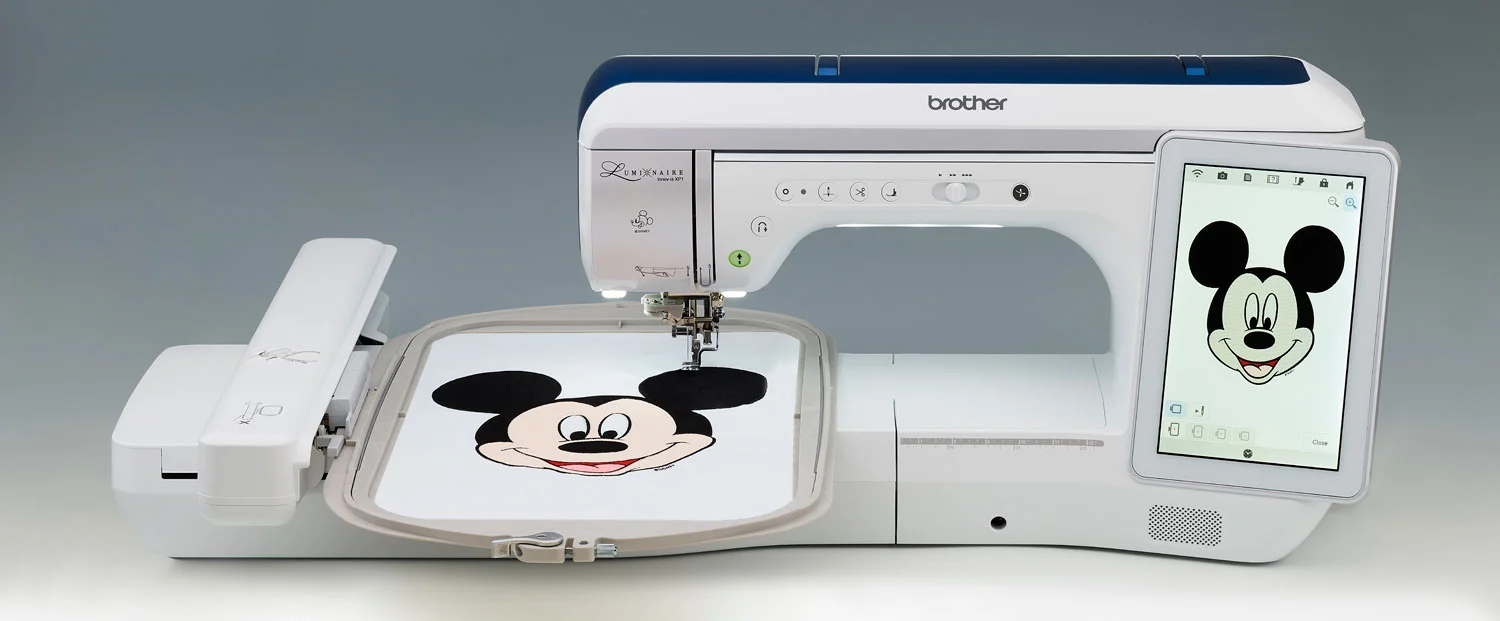 Brother Luminaire Innov-is XP1 GENERAL FEATURES 13.1" needle to arm, and 5" height from sewing bed to top of machine arm Almost 13" of full-spectrum lighting around the needle, with five adjustable settings Automatic needle threading system Separate bobbin winder system with adjustable bobbin winding speed 5-level adjustable bobbin winding thread amount InnovEye Plus Technology 4x larger viewing area and faster scanning in high resolution Foldable 2-thread spool stand magnetically attaches to the top cover One action needle plate with enhanced guidelines Convenient compartment for storing needle plate, on the sewing unit Quiet operation during sewing and embroidery Wireless LAN compatibility with PE-DESIGN 11 allows you to wirelessly send and receive embroidery stitch data between your PC and the Luminaire Dual Purpose Stylus, to select options on the LCD screen as well as interact with icons displayed on fabric by the projector Automatic thread tension Automatic thread cutter Textured surfaces on the machine bed area and embroidery unit reduce glare and enable smooth fabric feeding Presser foot lever in convenient location