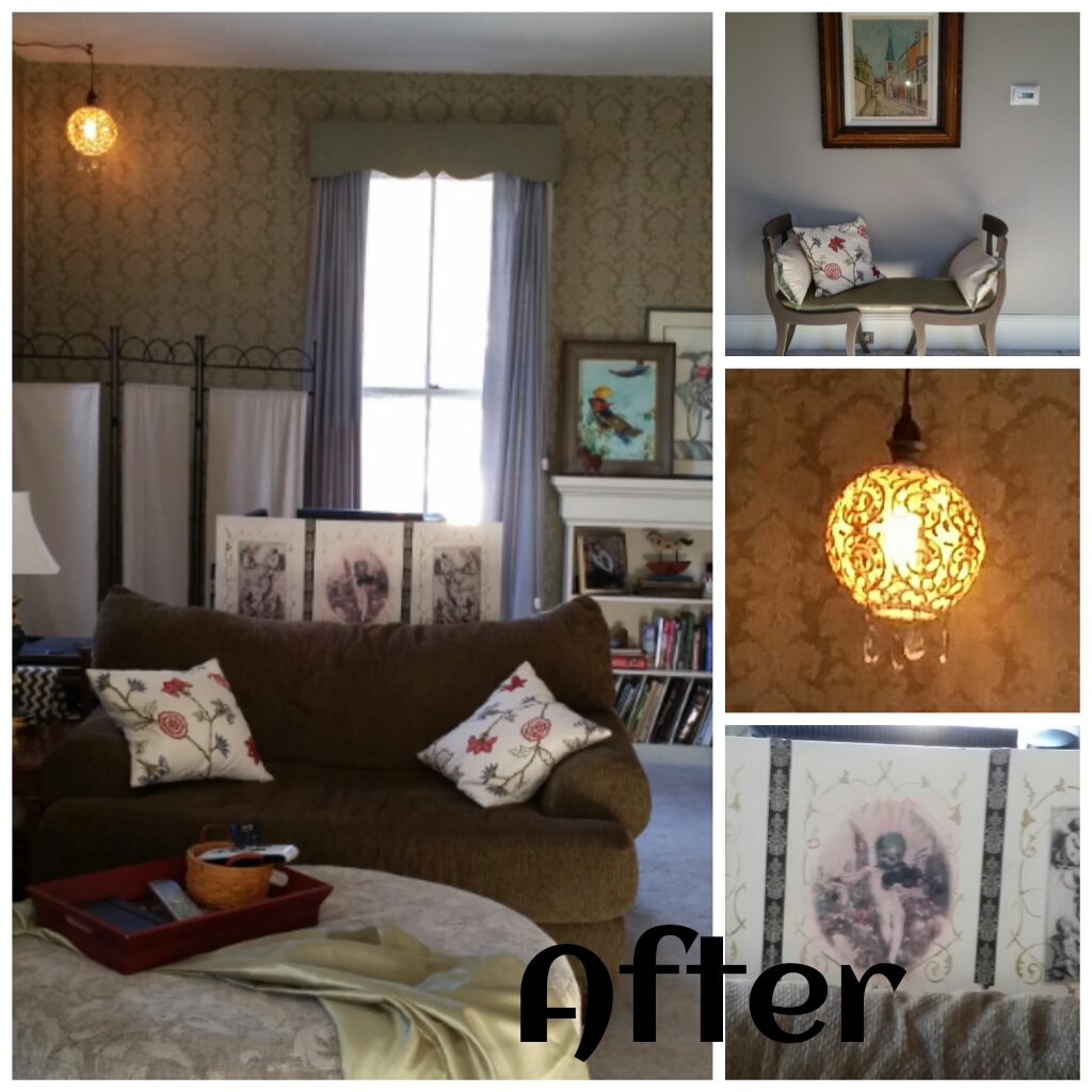 Pulling the love seat forward and putting the desk behind it defined the office function necessary in this client's living room. The ottoman provided a place for extra seating, and a substitute for a coffee table (the kind you want to put your feet up on.) A settee fashioned from repurposed chairs the client had were refinished with chalk paint to provide additional seating and help fill up the room. A chandelier made from a repurposed vintage light fixture, chandelier crystals and an Edison light bulb was added to the corner. After the client and I took a few long looks at it, we decided it will be lowered a tad. A triptych was made to disguise the back of the computer monitor from the living room view. 