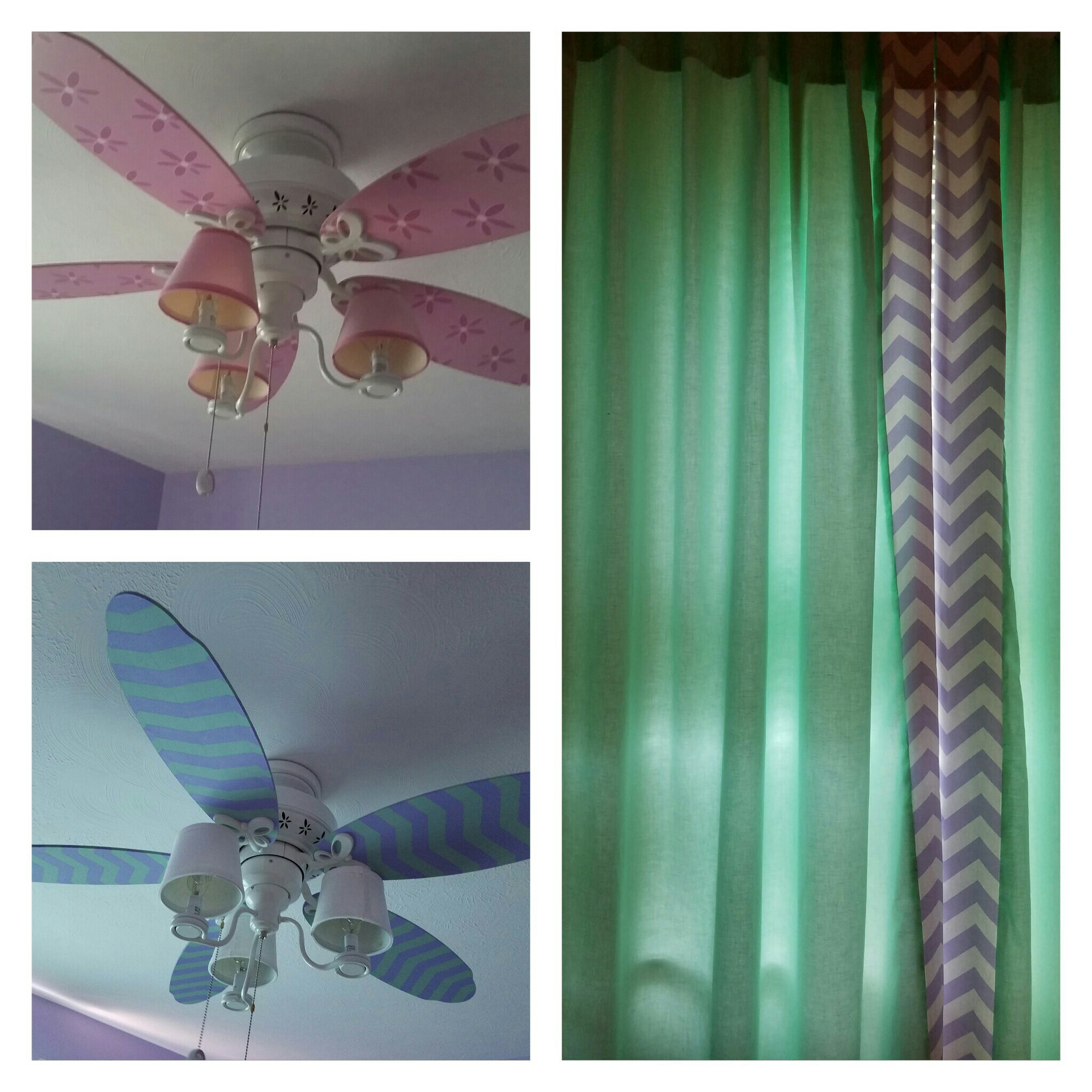 The ceiling fan got a makeover as well. Previously pretty in pink flowers were replaced with a chevron pattern done in Mint Julep and Lucky Lavender, inspired by the colors in the curtains. The homeowner replaced the shades on the fan with new white ones.