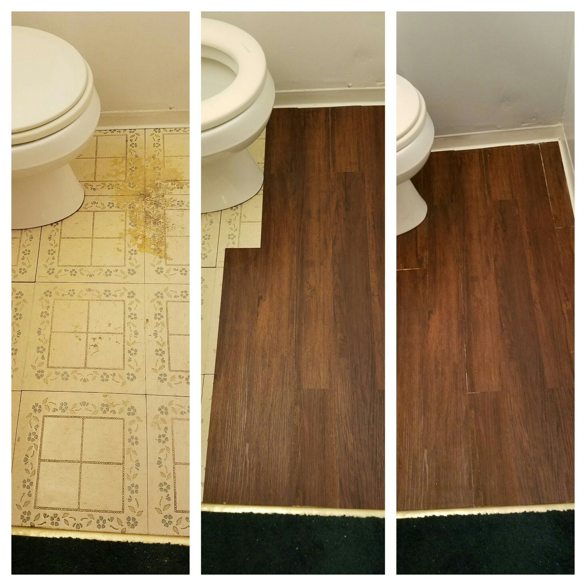 Before, during and after. The previous homeowner started to lay a new floor and stopped, leaving dried adhesive on the floor. A new quality, textured vinyl plank floor was installed. Any small gaps in the flooring were later concealed with Dixie Belle Swamp Mud and Tobacco Road Gel Stain.