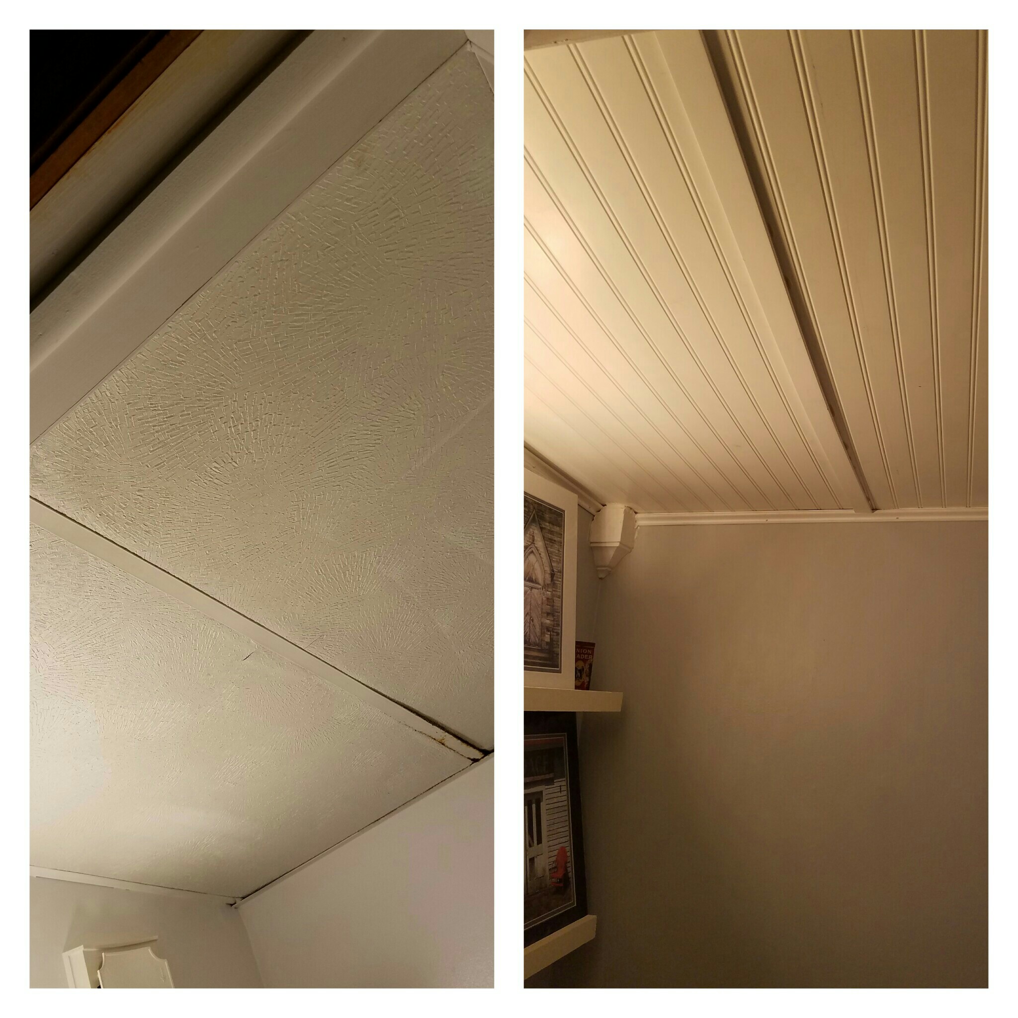 Then, it was straight to the top. A two tile dropped ceiling had seen better days. Wainscoting was used as a new ceiling treatment, along with trim and corner pieces. This added a certain coziness to the room.