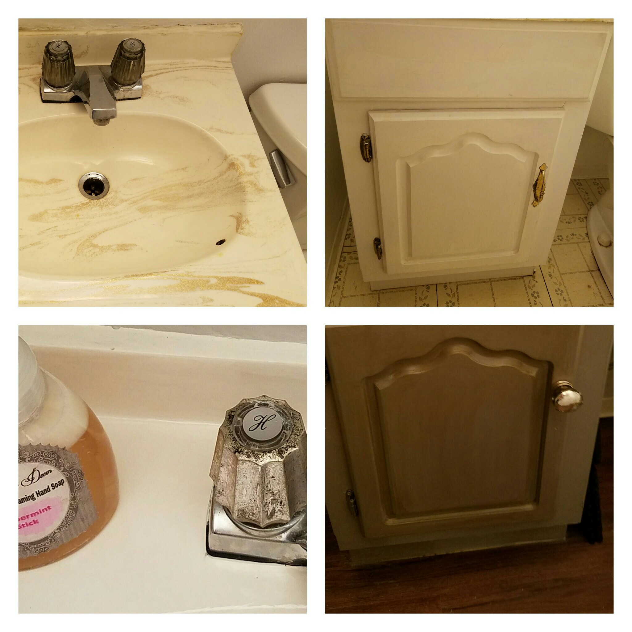 The sink was dated with its gold swirl, so it was treated to special Tub and Tile paint for a clean white look. The faucet handles were destined to be replaced, but the only handles in the store had a warning that materials in them were known to cause cancer. Really? We weren't going to use them, so I used Dixie Belle's Shine on them, which works great with the new Rustic Hardware knob in mercury glass. The cabinet was treated to Dixie Belle's Hurricane Gray with VooDoo Gel Stain in Tobacco Road. Lastly they were coated with Gator Hide, another Dixie Belle product, to stand up to moisture in the bathroom. Both Dixie Belle and Rustic Hardware products are available at LaVintage Decor Studio. 