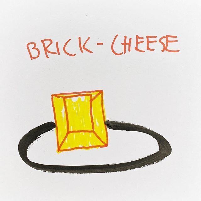 #brickcheese Any of various types of cheese produced in brick-like rectangular blocks; spec. (U.S.) a mild, sweet, semi-soft cheese originating from Wisconsin. #drawing #drawingaday #wordaday #newwordaday #newword #newwords2019 #newwords2020 #word #a