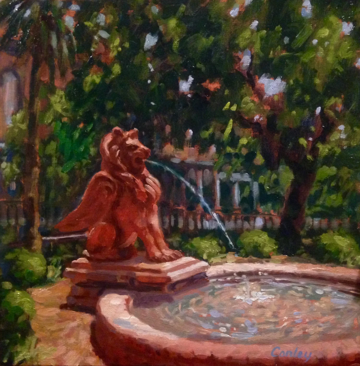 “Lion Fountain, Old Cotton Exchange” (Savannah, Georgia) / 12x12 / Oil on Linen Panel / Available