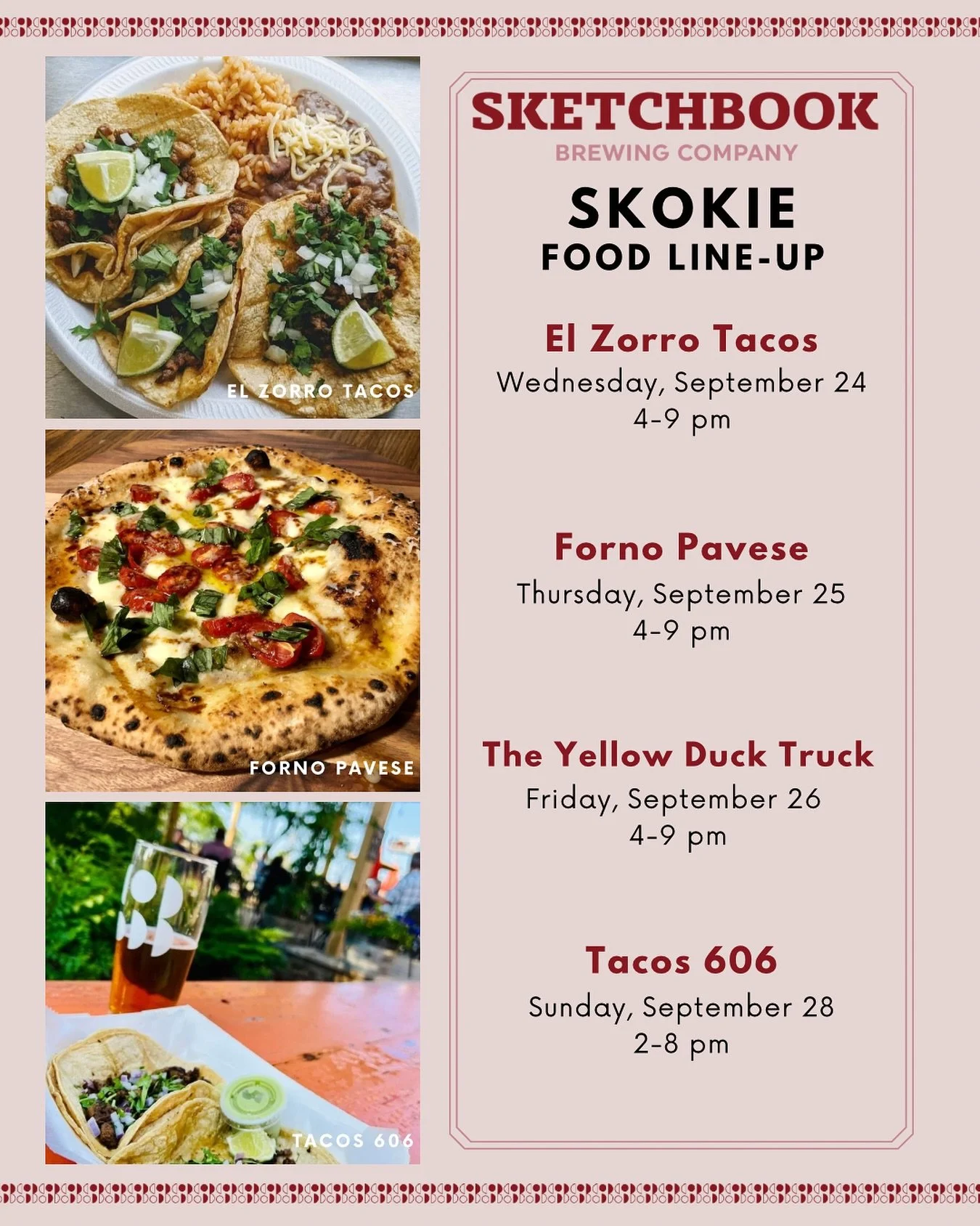 It doesn&rsquo;t feel like a cooking week, so come get some tasty eats at Skokie! 

Wednesday: @elzorrotacoschicago 
Thursday: @fornopavese 
Friday: @theyellowducktruck 
Saturday: (closing early for private party) 
Sunday: Tacos 606
🌮
🍕
🍔
🌮
#skok