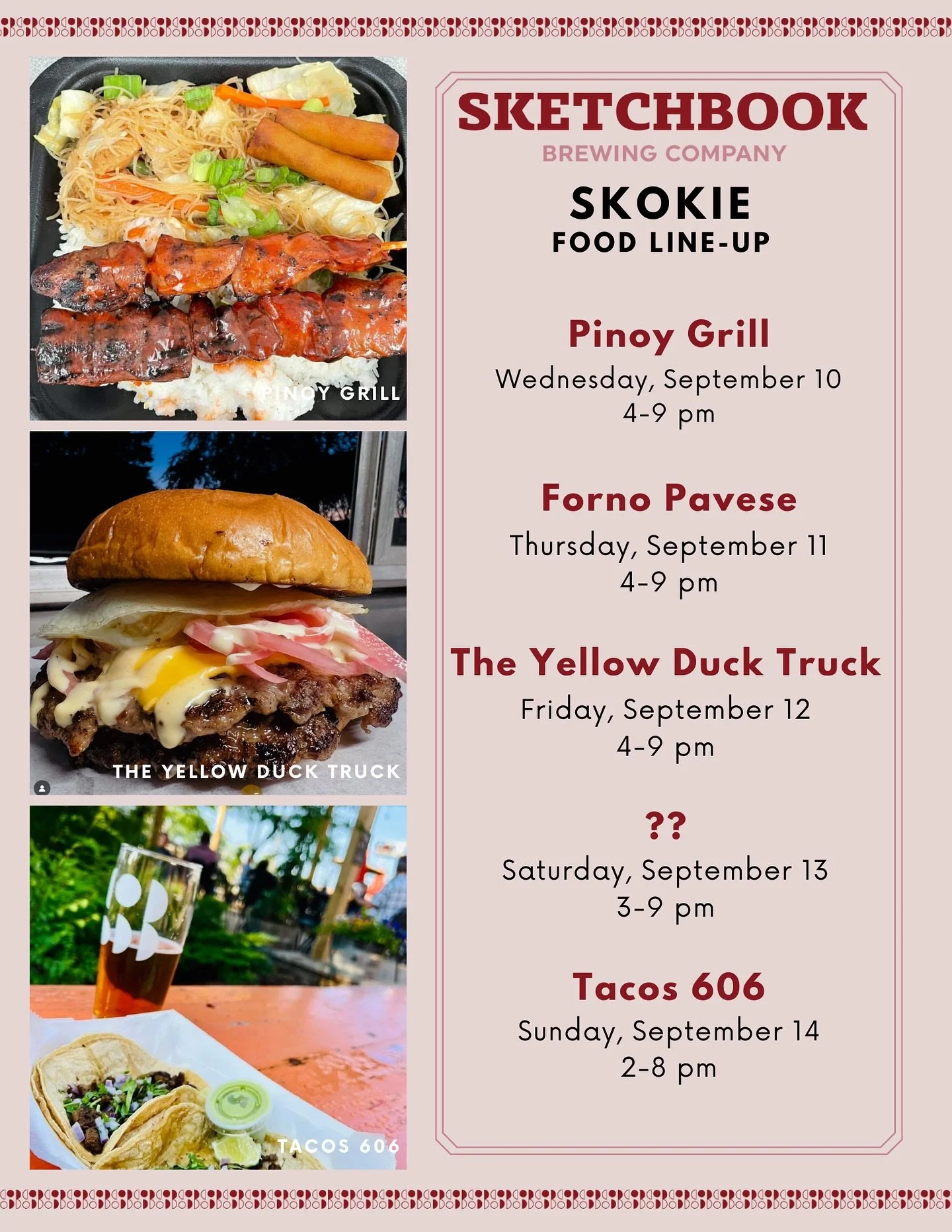 Check out this week&rsquo;s food lineup for Skokie!

Wednesday: @pinoygrillchicago_ah 
Thursday: @fornopavese 
Friday: @theyellowducktruck 
Saturday: TBD
Sunday: Tacos 606
.
.
.
.
#skokie #thingstodoinskokie #foodtrucks #foodpopups #chicagofoodtrucks