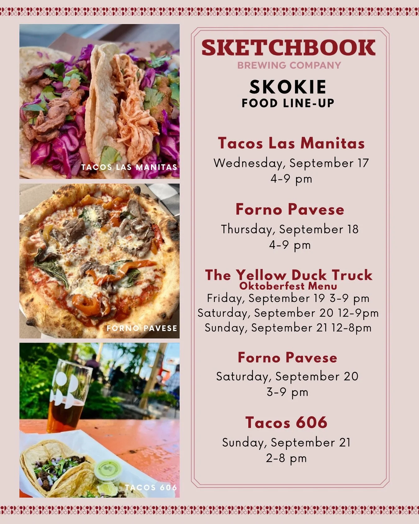 Check out this week&rsquo;s food schedule for Skokie, including our Oktoberfest weekend!

Wednesday: @tacos_lasmanitas 
Thursday: @fornopavese 
Friday, Saturday, Sunday: @theyellowducktruck (Special Oktoberfest menu)
Saturday: @fornopavese 
Sunday: T