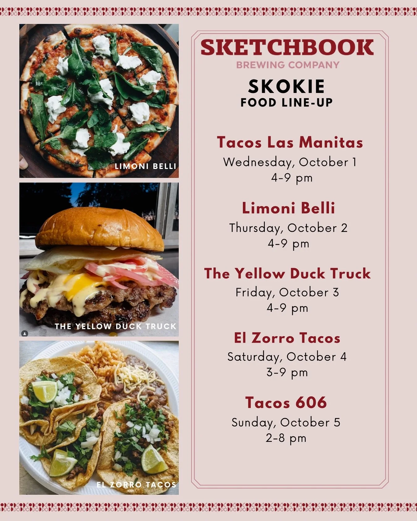 Beautiful weather this week! Come dine on our patio in Skokie! This week we&rsquo;ve got:

Wednesday: @tacos_lasmanitas 
Thursday: @limonibelli 
Friday: @theyellowducktruck 
Saturday: @elzorrotacoschicago 
Sunday: Tacos 606
🌮
🍕
🍔
🌮
#skokie #thing
