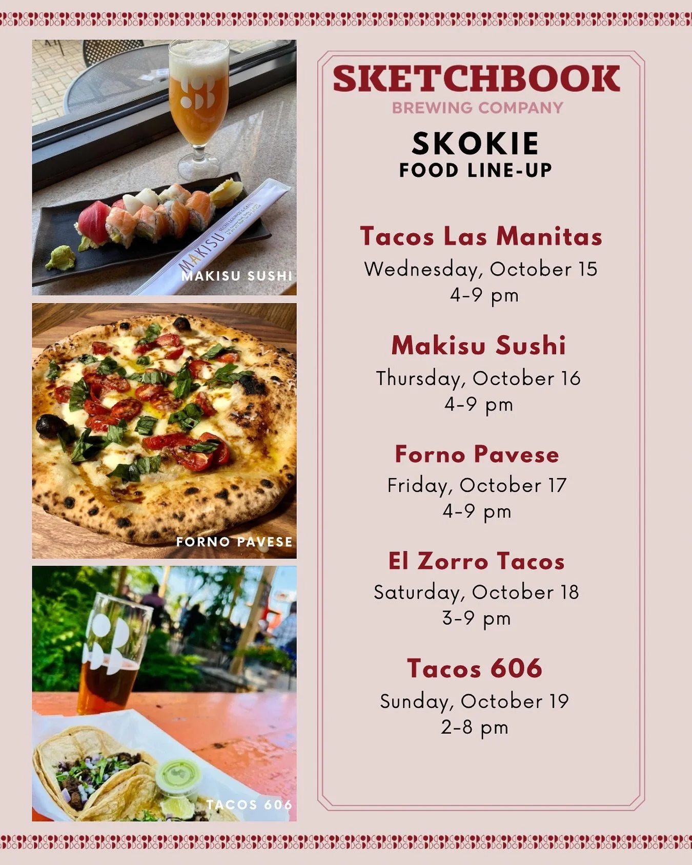 Who&rsquo;s hungry?! Here&rsquo;s what we&rsquo;ve got in Skokie this week:

Wednesday: @tacos_lasmanitas 
Thursday: @makisuskokie 
Friday: @fornopavese 
Saturday: @elzorrotacoschicago 
Sunday: Tacos 606
🌮
🍣
🍕
🌮
#foodtruck #foodpopup #chicagofood