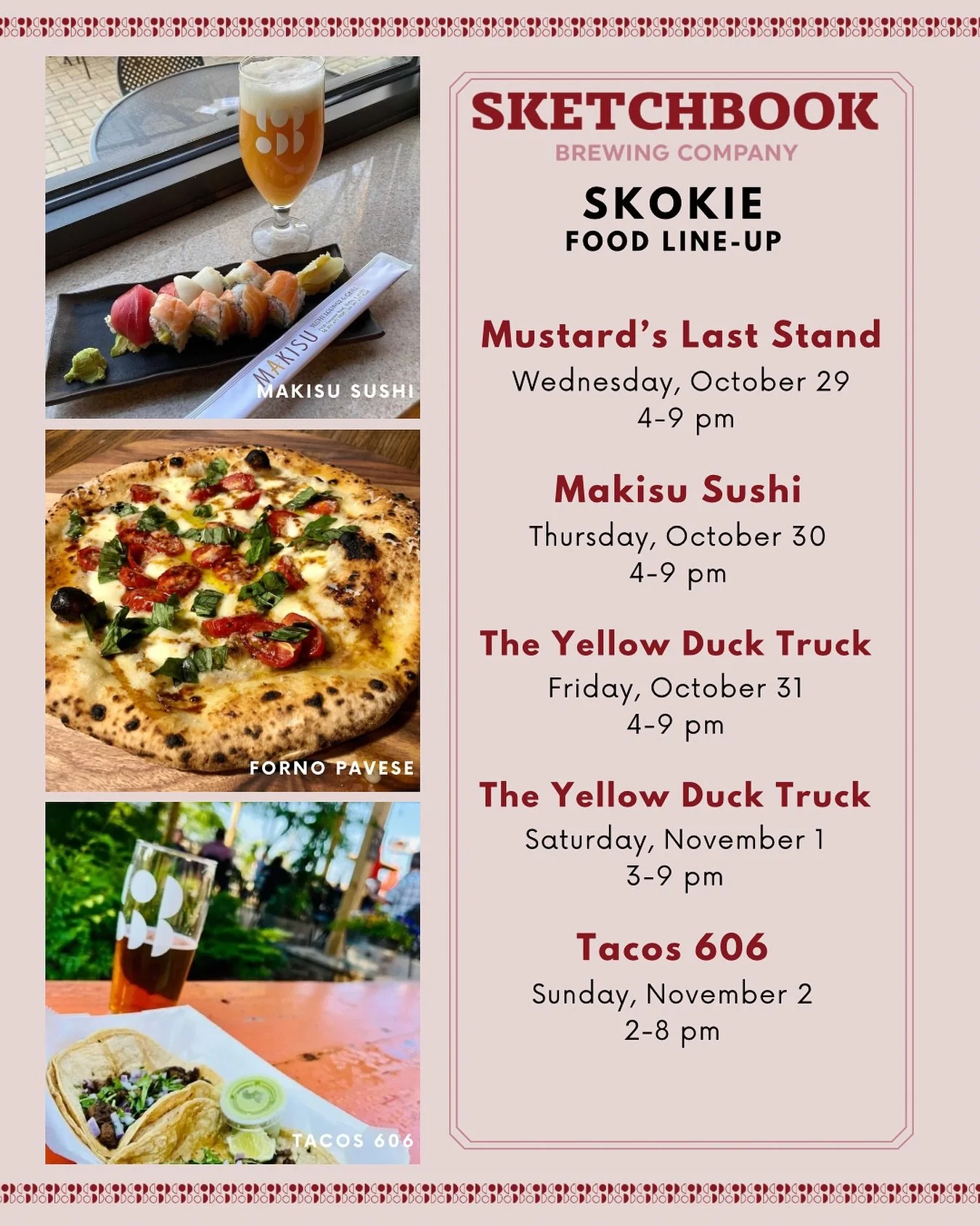 Who&rsquo;s hungry?! Here&rsquo;s what&rsquo;s cooking in Skokie this week:

Wednesday: @mustardslaststand 
Thursday: @makisuskokie (last visit for a bit)
Friday: @theyellowducktruck 
Saturday: @theyellowducktruck (last visit of the season)
Sunday: T