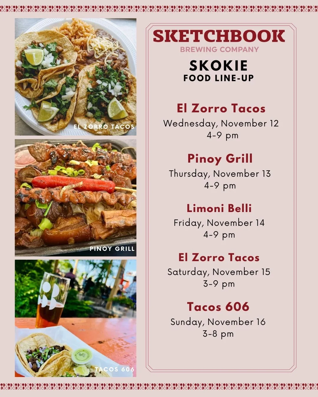 Let our friends do the cooking this week! Here's who we'll have in the Skokie taproom:

Wednesday: @elzorrotacoschicago 
Thursday: @pinoygrillchicago_ah 
Friday: @limonibelli 
Saturday: @elzorrotacoschicago 
Sunday: Tacos 606
🌮
🍗
🍕
🌮
#foodtruck #