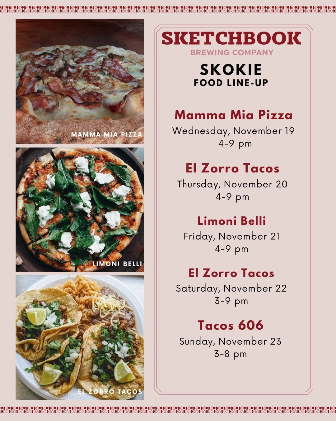 Don't feel like cooking this week? We've got you covered in Skokie. Here's who's stopping by:

Wednesday:  @mammamiapizzachicagoland 
Thursday: @elzorrotacoschicago 
Friday: @limonibelli 
Saturday: @elzorrotacoschicago 
Sunday: Tacos 606
🍕
🌮
🍕
🌮
