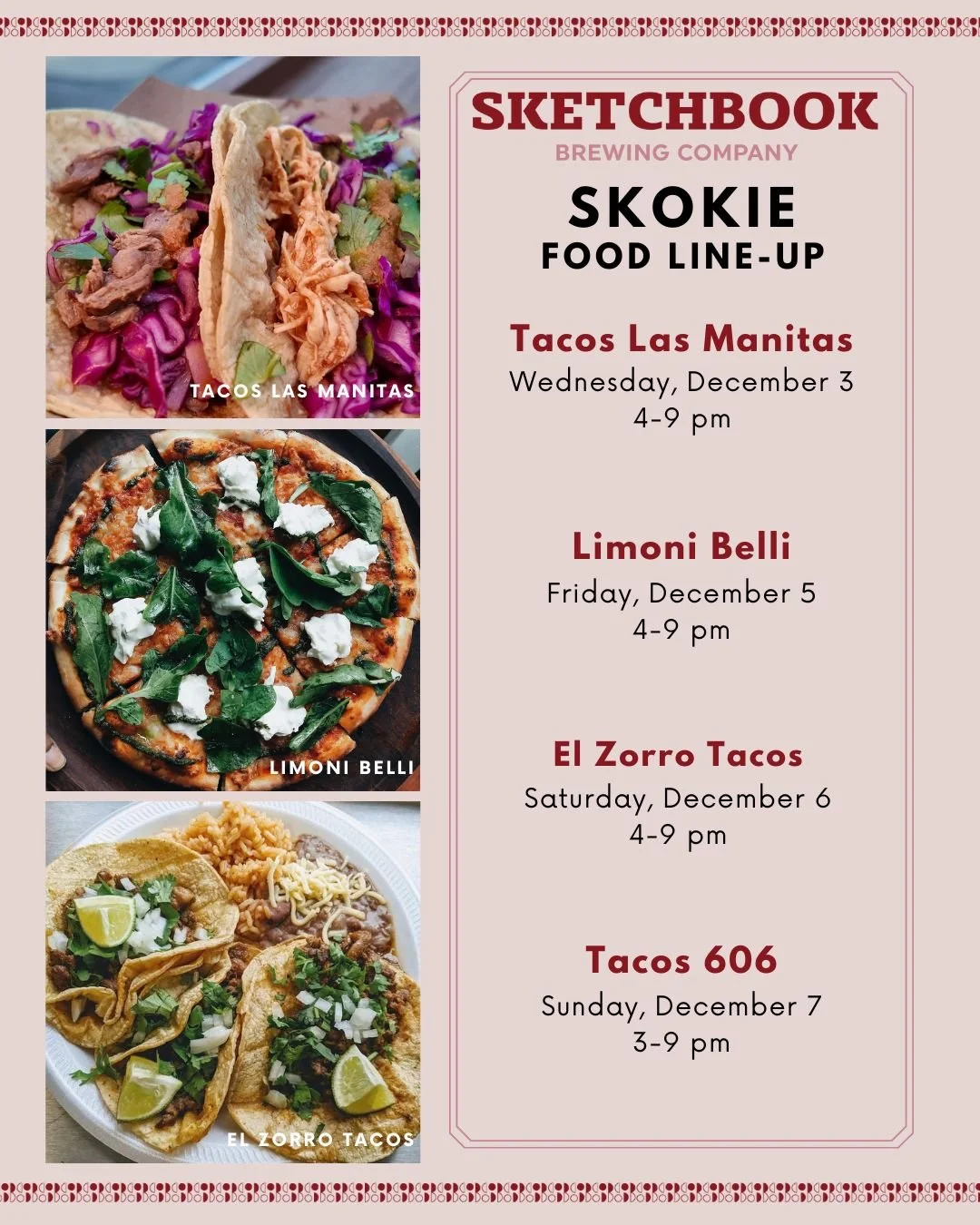 Tired of eating those leftovers and doing all the dishes? Stop into Skokie this week! Here's what we're serving up:

Wednesday: @ta@tacos_lasmanitas 
Thursday: No food pop-up
Friday: @limonibelli 
Saturday: @elzorrotacoschicago 
Sunday: Tacos 606
🌮
