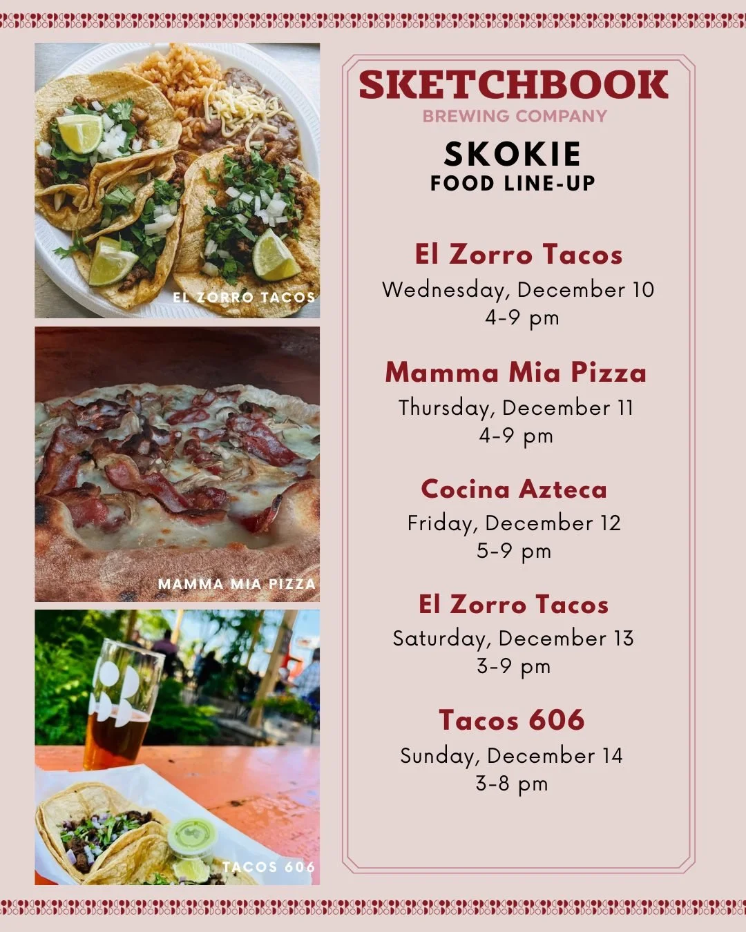 Don't feel like cooking? We've got you covered in Skokie this week! Here's who we've got:

Wednesday: @elzorrotacoschicago 
Thursday: @mammamiapizzachicagoland 
Friday: Cocina Azteca
Saturday: @elzorrotacoschicago 
Sunday: Tacos 606
🌮
🍕
🍺
🌮
#food