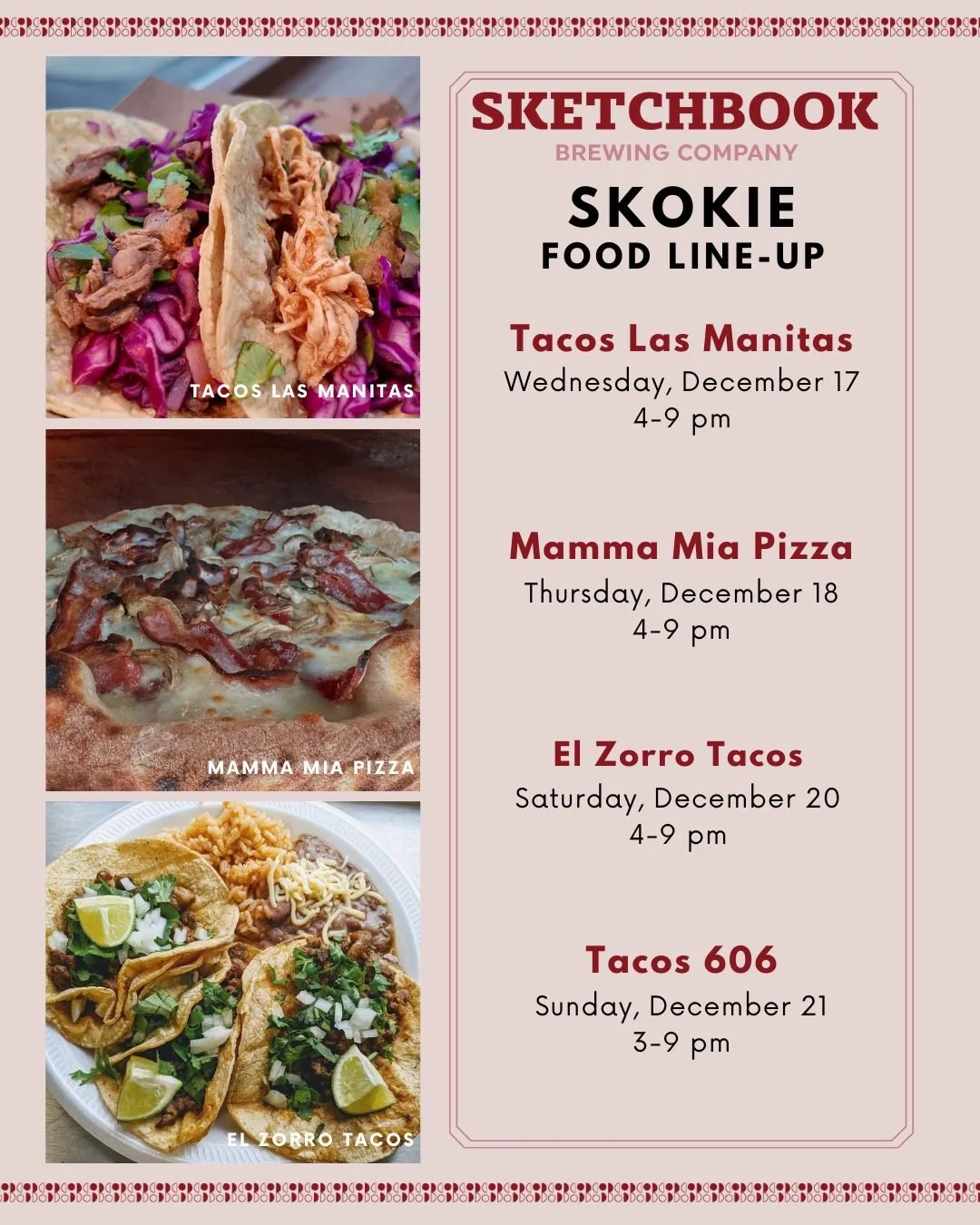 Not quite patio weather, but we'll take it. Here's who we've got serving up in Skokie this week: 

Wednesday: @tacos_lasmanitas 
Thursday: @mammamiapizzachicagoland 
Saturday: @elzorrotacoschicago 
Sunday: Tacos 606
🌮
🍕
🍺
🌮
#foodtruck #foodpopup 