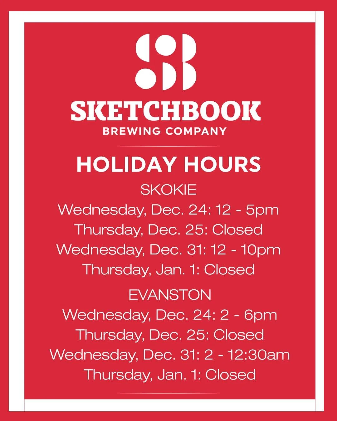 Happiest of holidays from all of us to all of you, the greatest beer drinkers in the world! We'll have some adjusted hours over the next two weeks, including being closed on Christmas and New Years days. 

Don't forget our masquerade ball in Evanston