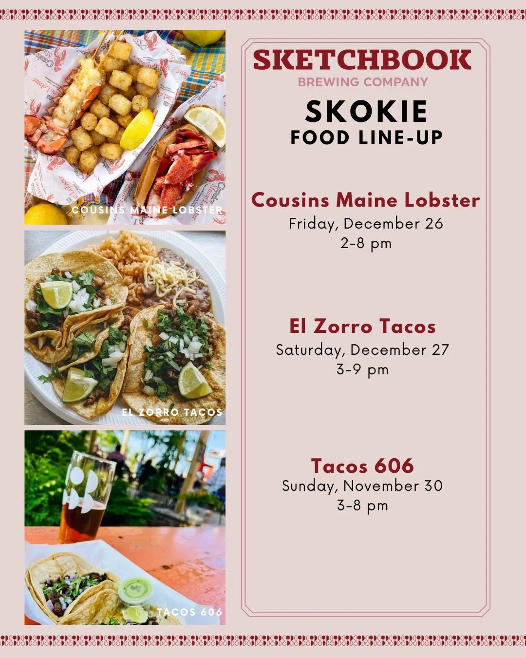 We've got an abbreviated but tasty food lineup this week!

Friday: @cousinsmainelobster 
Saturday: @elzorrotacoschicago 
Sunday: Tacos 606
🦞
🌮
🍺
#foodtruck #foodpopup #chicagofoodpopup #chicagofoodtruck #chicagobrewery #chicagobeer #chicagocraftbe