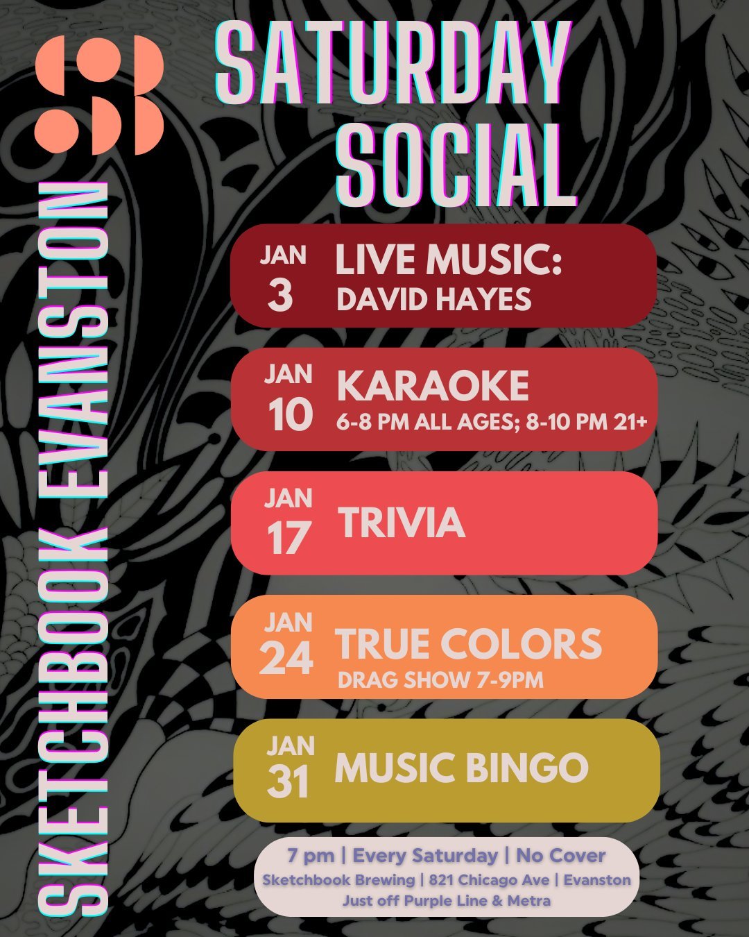 Mark your calendars for our January Saturday Social events in the Evanston taproom. All events start at 7pm and there's no cover. Here's how we're getting social this month:

Jan 3: Live Music with @davidhayes688 
Jan 10: Karaoke
Jan. 17: Trivia
Jan.