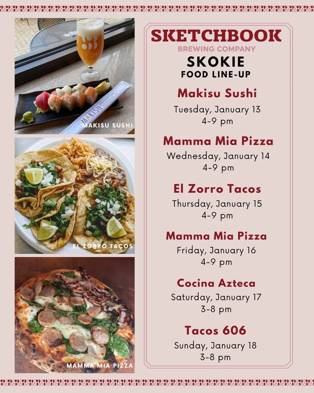Lots of good eats in Skokie this week! Here's who we've got lined up:

Tuesday: Makisu Sushi
Wednesday: @mammamiapizzachicagoland 
Thursday: @elzorrotacoschicago 
Friday: @mammamiapizzachicagoland 
Saturday: Cocina Azteca
Sunday: Tacos 606
🍣
🌯
🍕
?