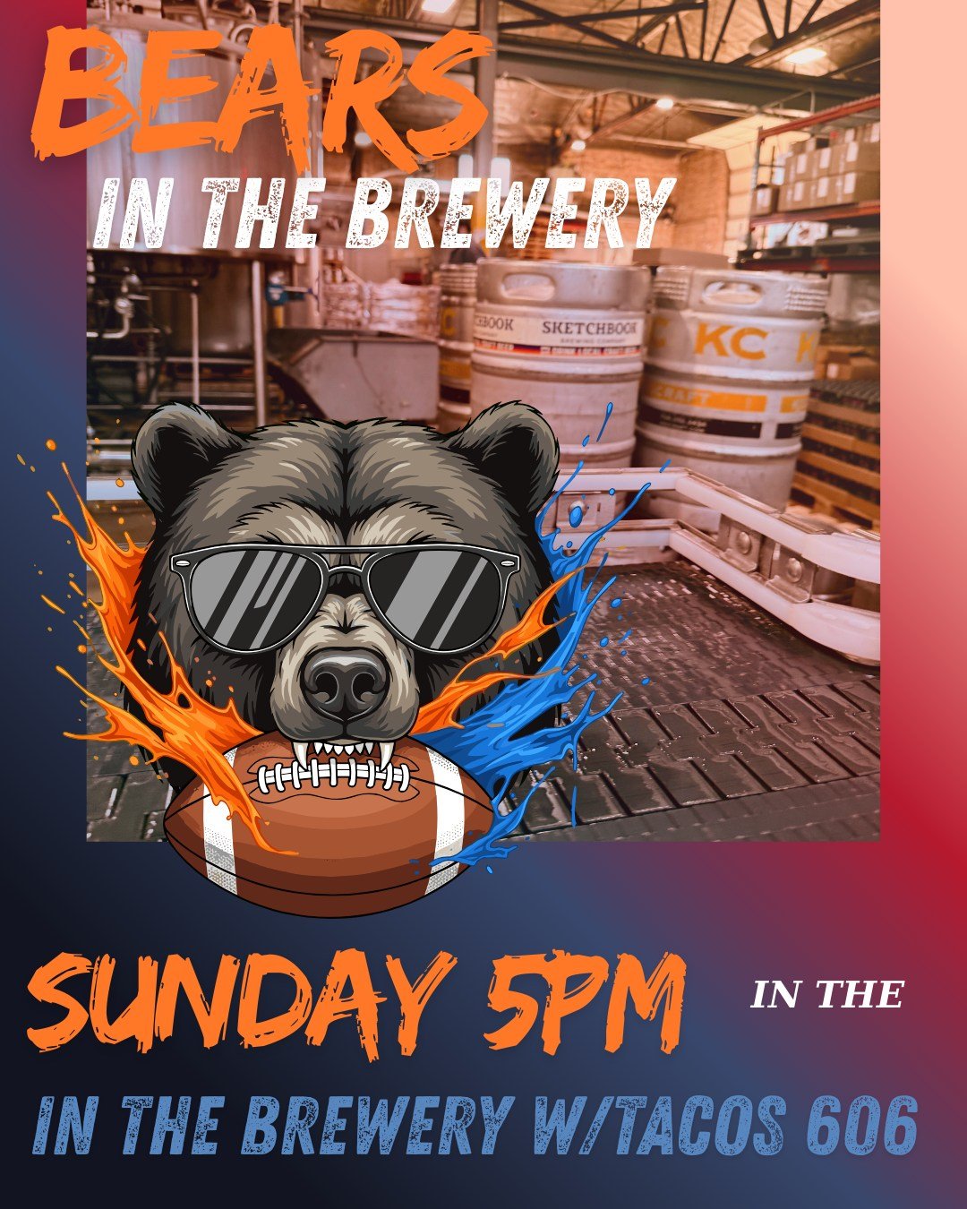 Come watch the Bears take on the Rams this Sunday night in the Skokie brewery. We'll have a projector set up in the brewery with the big screen and PA sound. Tacos 606 will be serving up some great Mexican fare and we'll have all your favorites on ta
