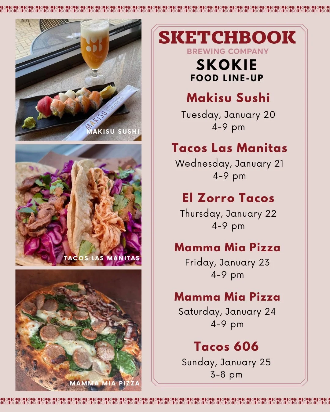 Frigid temps. Bears loss. Who feels like cooking?! Let us take care of you this week in Skokie: 

Tuesday: Makisu Sushi
Wednesday: @tacos_lasmanitas 
Thursday: @elzorrotacoschicago 
Friday: @mammamiapizzachicagoland 
Saturday: @mammamiapizzachicagola