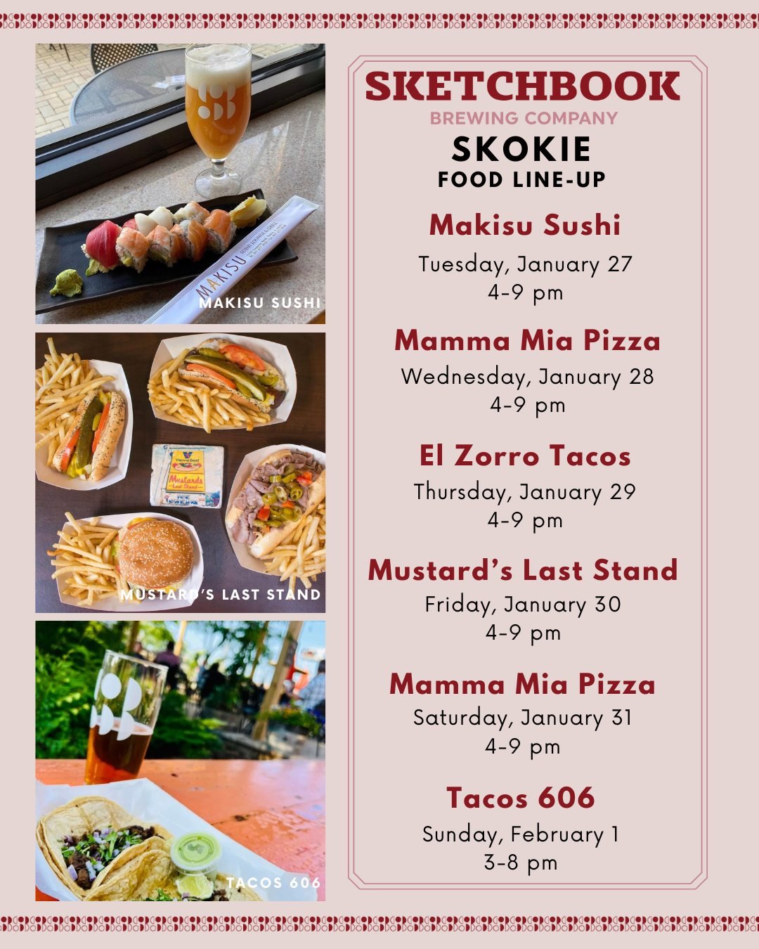 Frigid temps again this week. Let Skokie handle the dinners! Here's who we've got:

Tuesday: Makisu Sushi
Wednesday: @mammamiapizzachicagoland 
Thursday: @elzorrotacoschicago 
Friday: @mustardslaststand 
Saturday: @mammamiapizzachicagoland 
Sunday: T