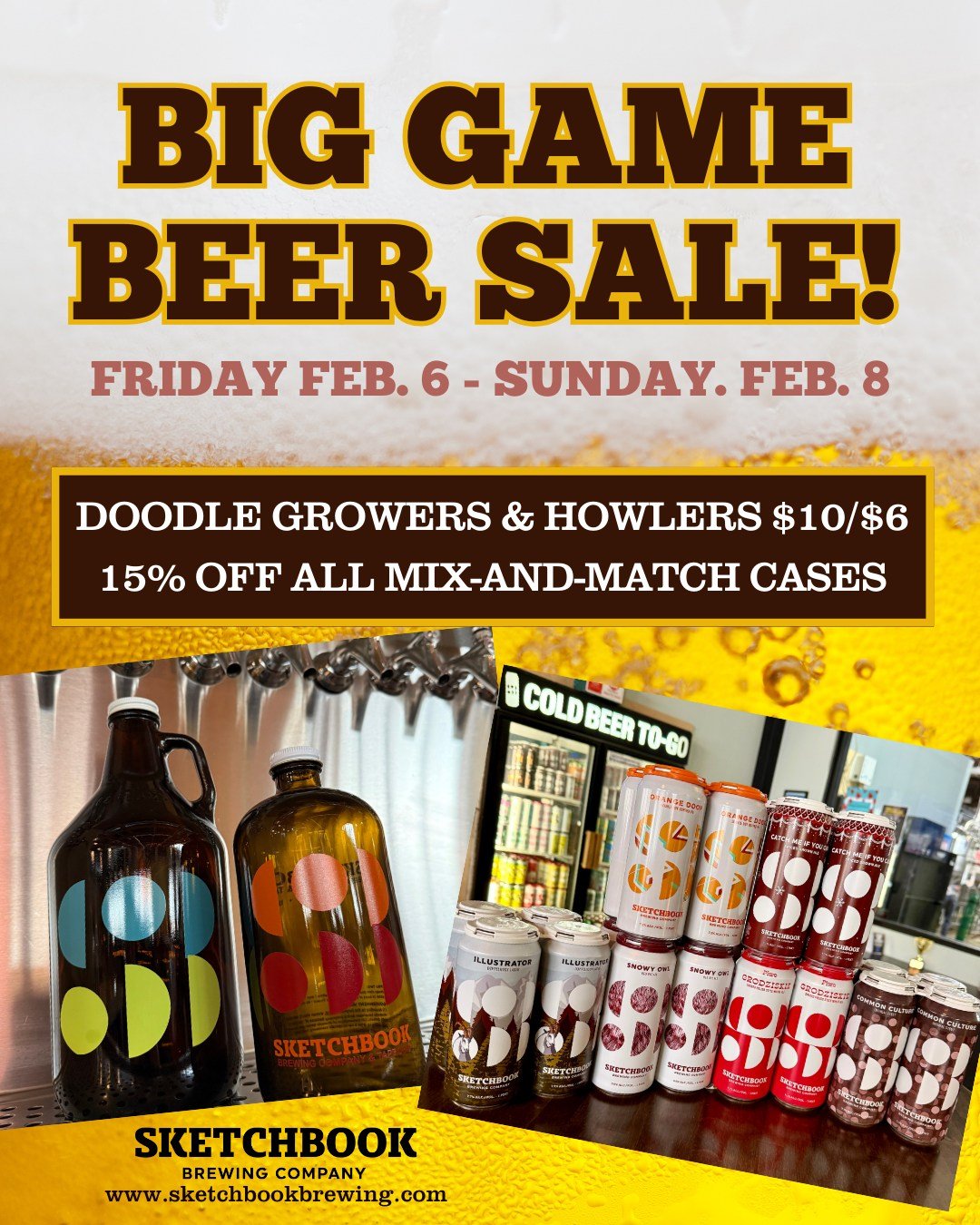 We&rsquo;ve got some super deals for the big game this weekend! Stop into either taproom Friday (open) - Sunday (close) to get growler fills of any Doodle variant for $10 and howlers for $6. Also, all mix-and-match cases of cans to go are 15% off! Go