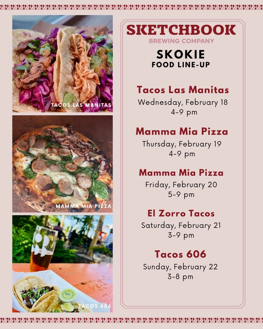 Come grab a bite and a beer on our Skokie patio this week! Here's who we've got lined up:

Wednesday: @tacos_lasmanitas 
Thursday: @mammamiapizzachicagoland 
Friday: @mammamiapizzachicagoland 
Saturday: @elzorrotacoschicago 
Sunday: Tacos 606
🌮
🍕
?