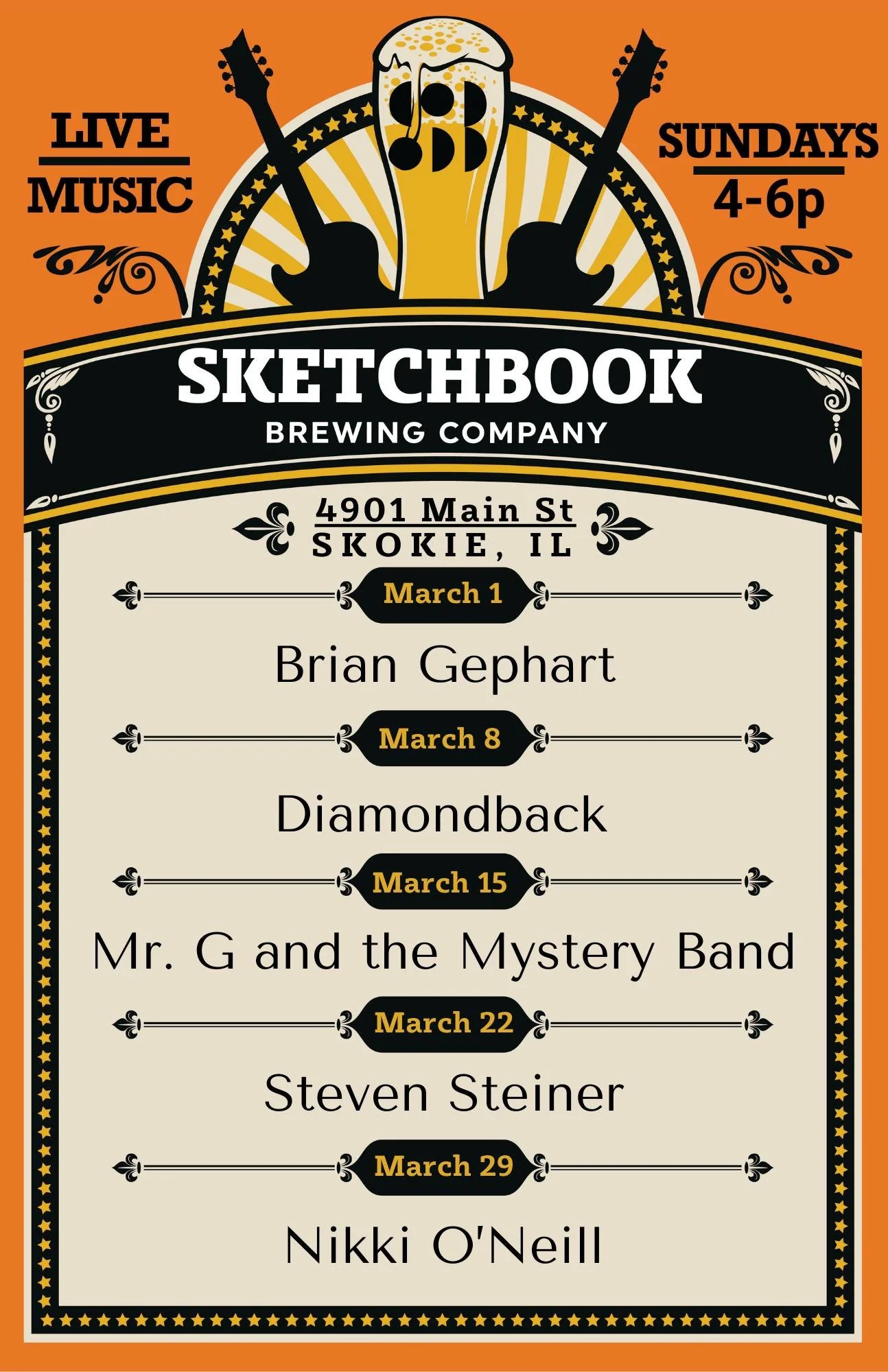 Let's welcome in March with some hot live music! Here's who we've got lined up next month in Skokie. As always, no cover and music starts every Sunday at 4:00pm.

March 1: @brian.gephart 
March 8: @diamondbackchicago 
March 15: @mr._g_mysteryband
Mar