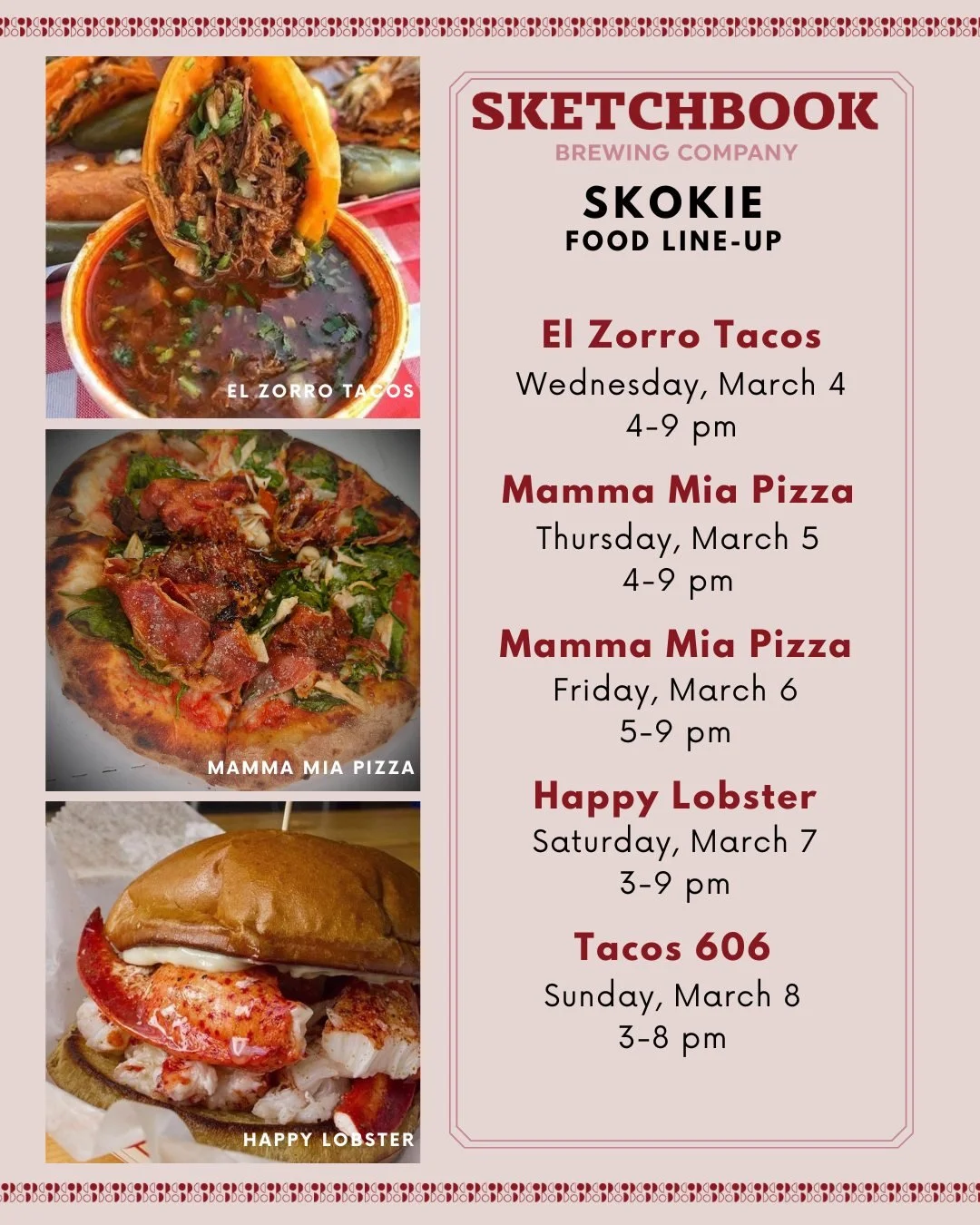 Don't feel like cooking this week? We've got you covered in Skokie! Here's who's setting up shop this week: 

Wednesday: @elzorrotacoschicago 
Thursday: @mammamiapizzachicagoland 
Friday: @mammamiapizzachicagoland 
Saturday: @happylobsterchi 
Sunday: