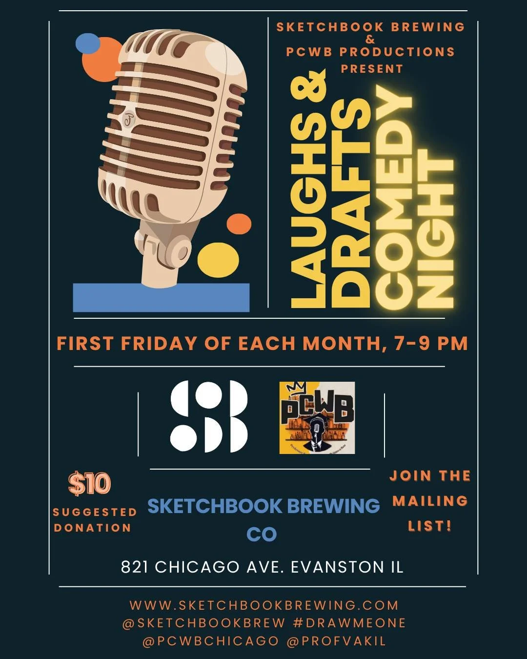 Introducing a brand new night of talent at the Evanston taproom! Every first Friday of the month, we&rsquo;ll be celebrating local comedy and music hosted by yours truly and PCWB Productions. Kicking off the series on Friday, April 3, we&rsquo;ve got
