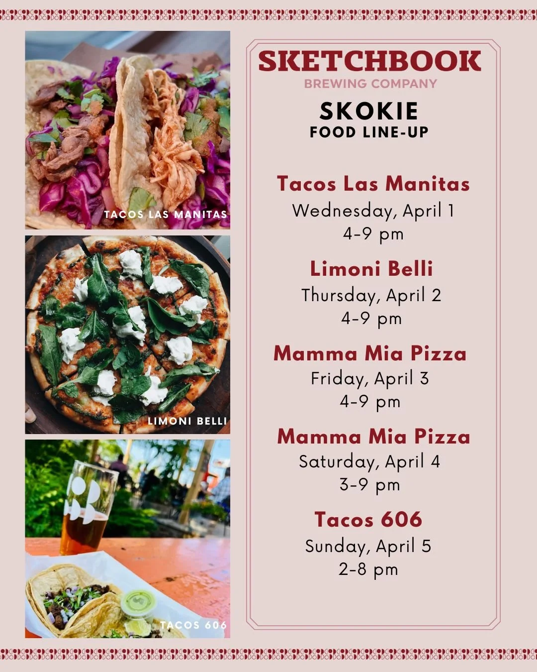 Get out and enjoy the weather early and then let us handle the cooking the rest of the week! Here's who we've got in Skokie this week:

Wednesday: @tacos_lasmanitas 
Thursday: @limonibelli 
Friday: @mammamiapizzachicagoland 
Saturday: @mammamiapizzac
