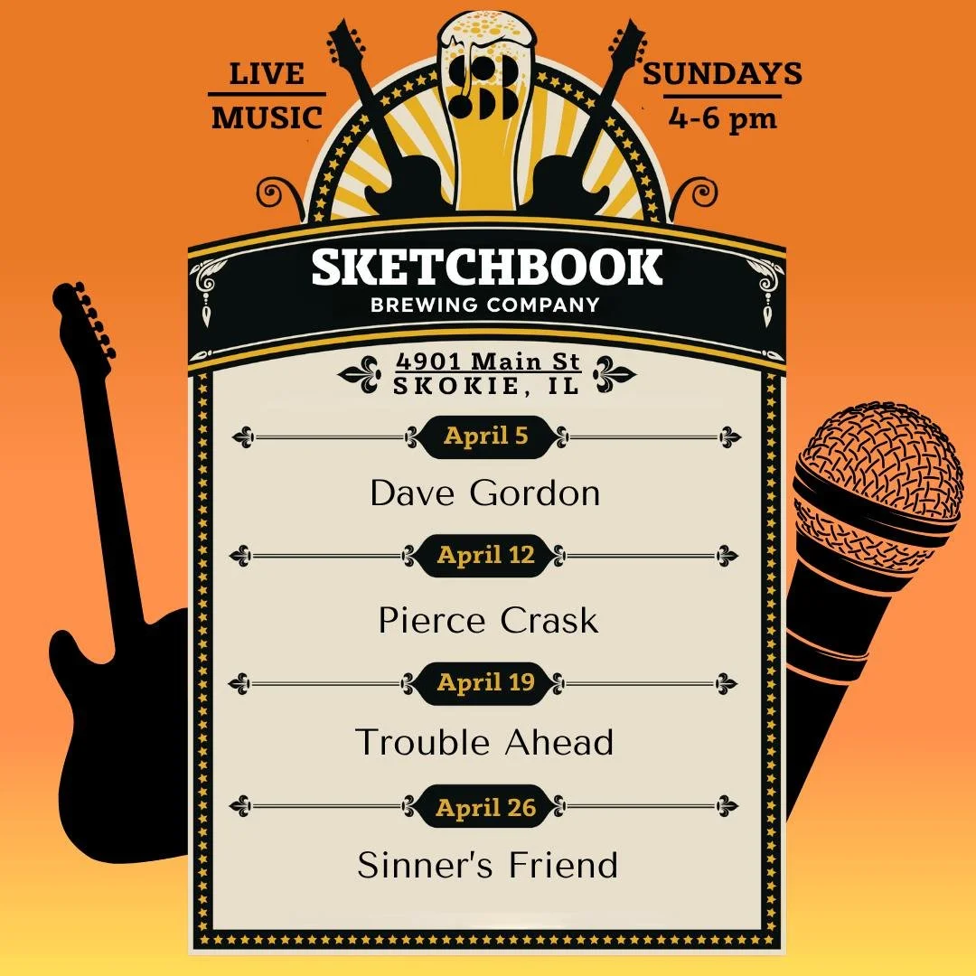 Our Sunday live music series rolls on in Skokie this month. Here's who we've got lined up to tickle your ear drums! 

April 5: @davegordonmusic 
April 12: @piercecraskmusic 
April 19: @trouble_ahead_deadband 
April 26: @sinners_friend (album drop par