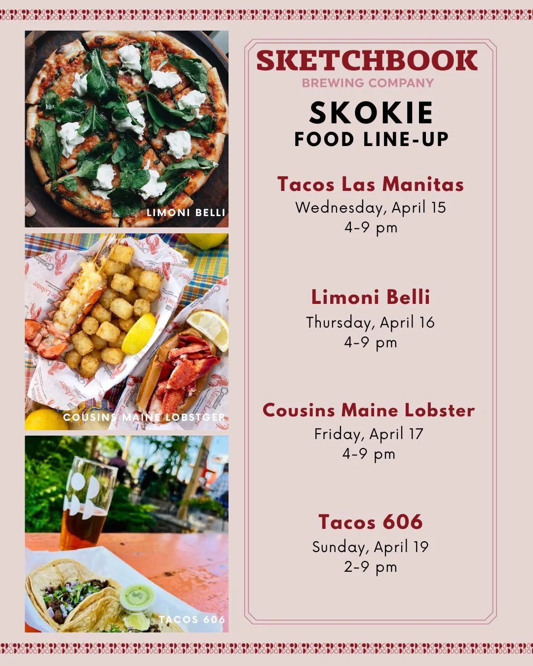 Hopefully we can have some dinners on our patio this week in between the rain. Here's who we've got lined up:

Wednesday:
Thursday:
Friday:
Saturday: No food - closing at 4pm for a private party
Sunday:
🌮
🍕
🦞
🌮
#foodtruck #foodpopup #chicagofoodp