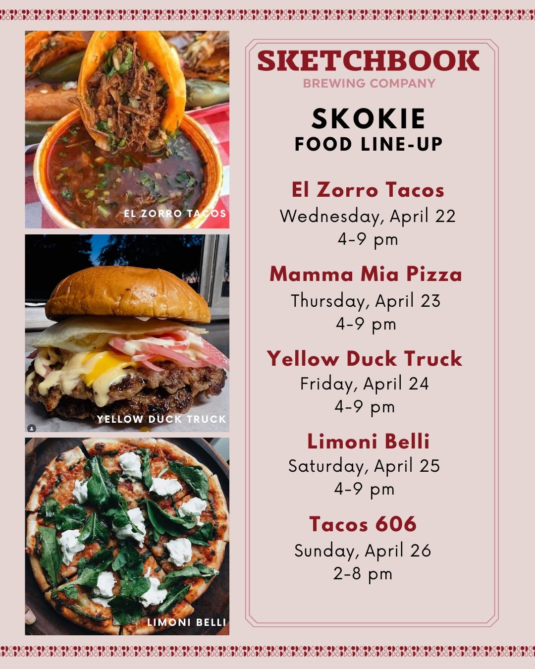 Looking like a nice week for dinner on our Skokie patio! Here's who we've got lined up this week:

Wednesday: @elzorrotacoschicago 
Thursday: @mammamiapizzachicagoland 
Friday: @theyellowducktruck 
Saturday: @limonibelli 
Sunday: Tacos 606
🌮
🍕
🍔
?