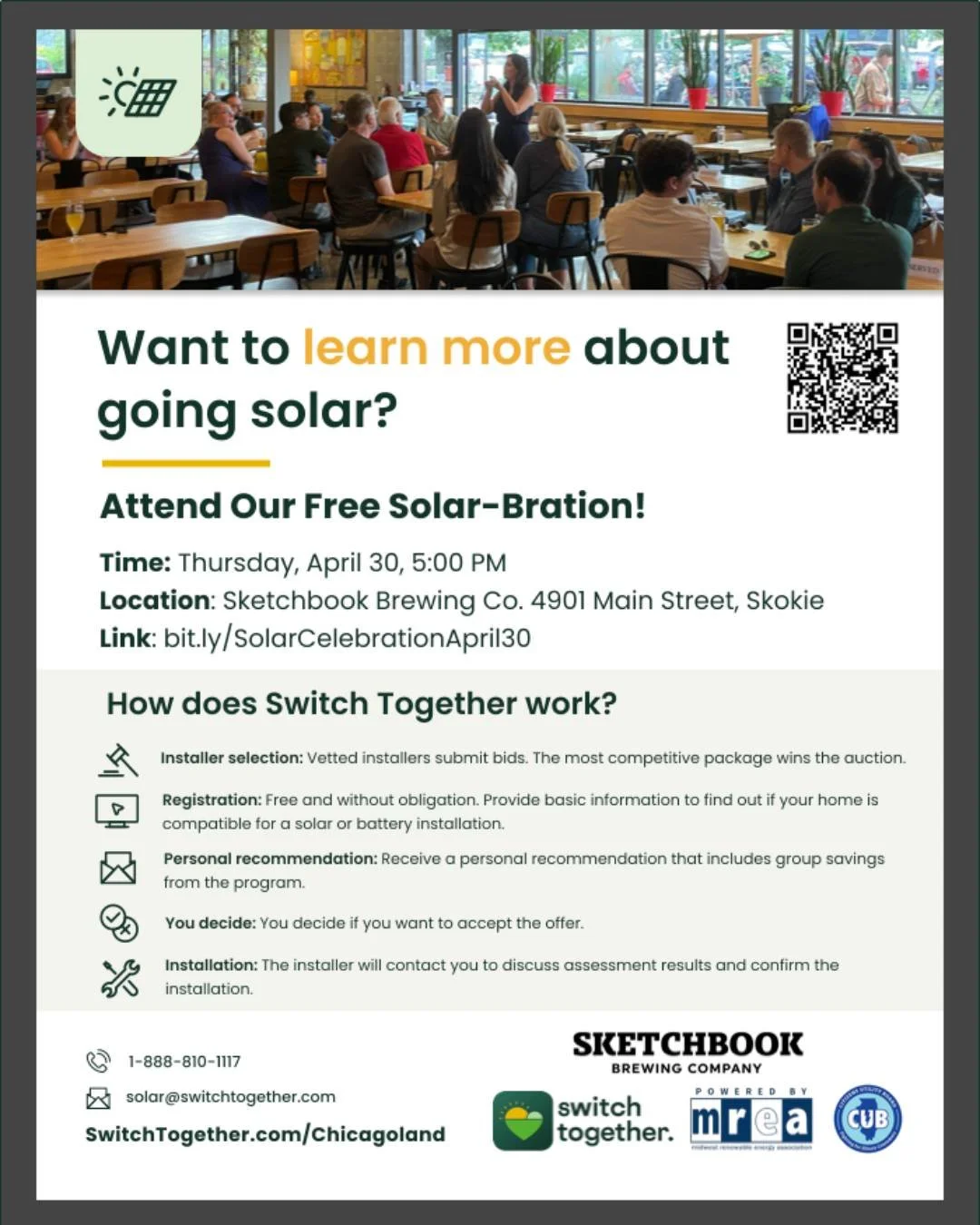 Happy Earth Day! Are you interested in possibly powering your home with solar? Join us in the Skokie taproom fro the free Solar-Bration on Thursday, April 30 at 5:00pm hosted by Switch Together Chicago (@switchtogether_us), who helps homeowners and s