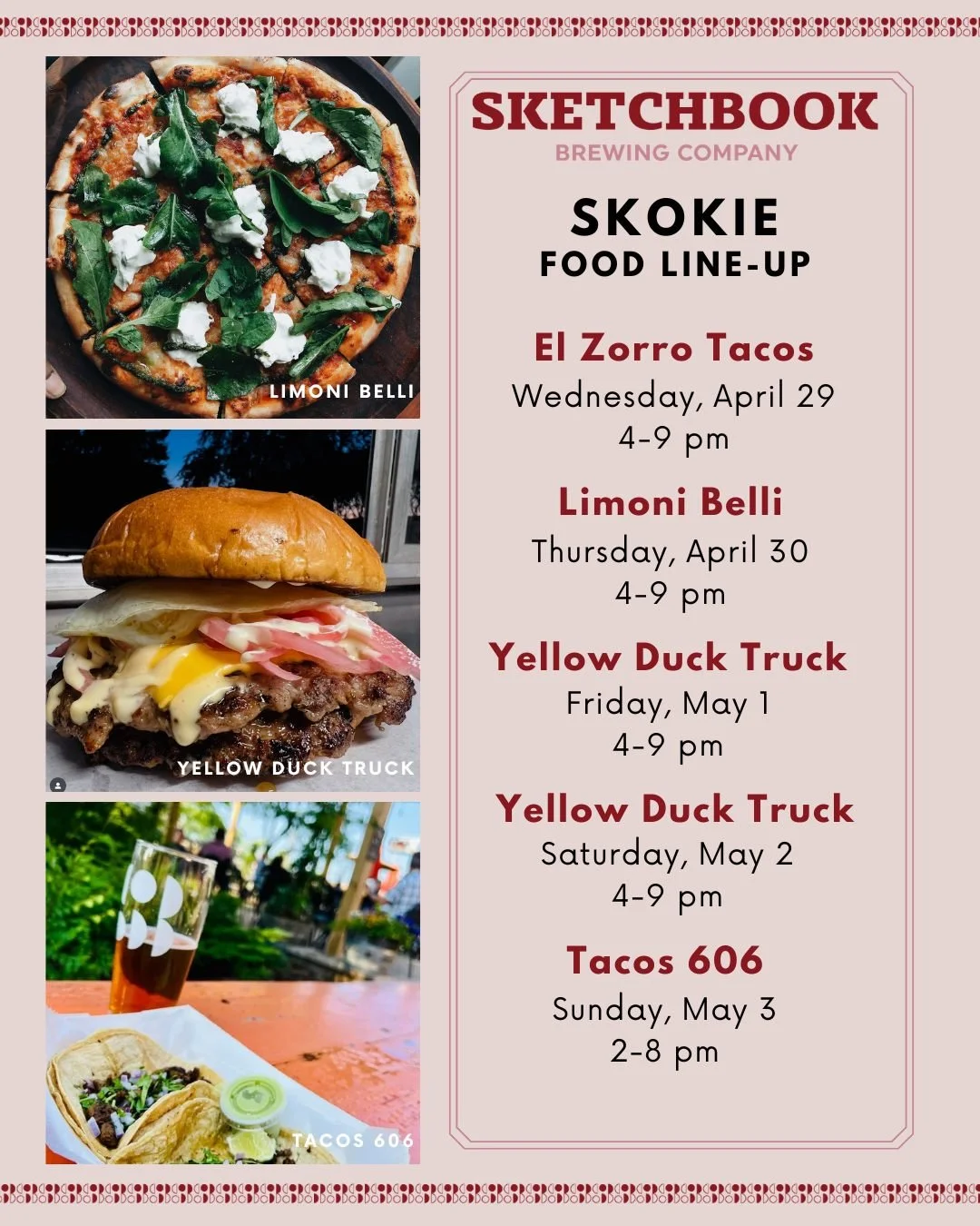 Let us take care of dinner this week! Here's who we've got lined up in Skokie:

Wednesday: @elzorrotacoschicago 
Thursday: @limonibelli 
Friday: @theyellowducktruck 
Saturday: @theyellowducktruck@theyellowducktruck 
Sunday: Tacos 606
🌮
🍕
🍔
🌮
#foo