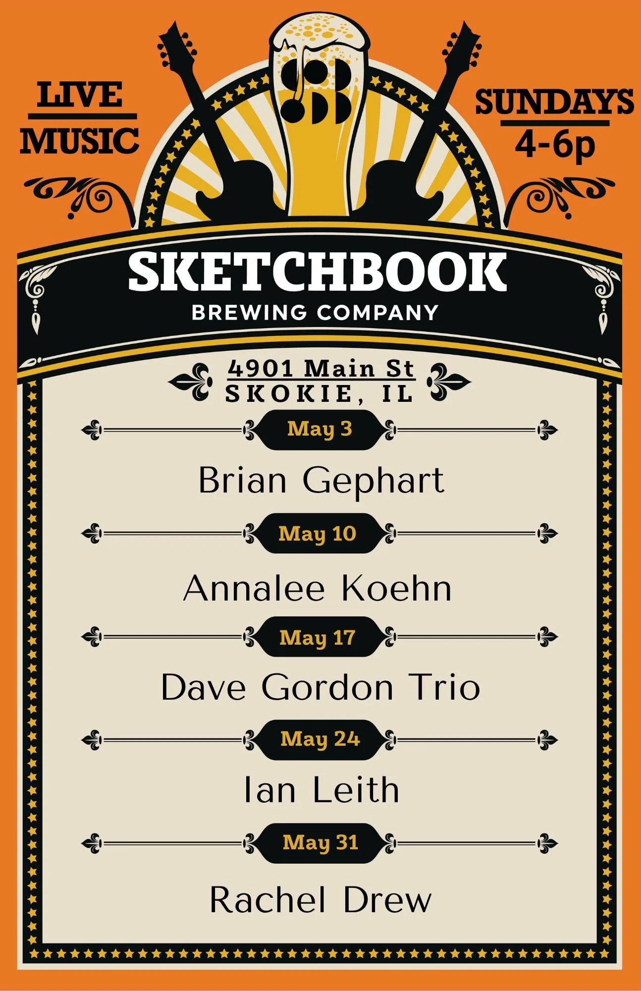 Sunday live music series keeps on in May! Check out the Skokie lineup:

May 3: @brian.gephart 
May 10: @annaleekoehn 
May 17: @davegordonmusic 
May 24: @leithalian 
May 31: @racheldrewchicago 
🎸
🍺
🎸
🍺
#chicagolivemusic #thingstodoinskokie #suppor