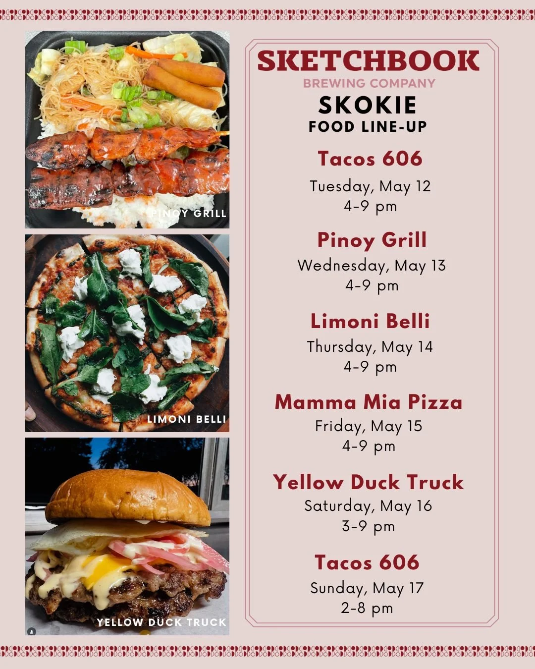 Celebrate American Craft Beer Week with some dinner on our patio and your favorite brew! Here's who's serving up deliciousness in Skokie: 

Tuesday: Tacos 606
Wednesday: @pinoygrillchicago_ah 
Thursday: @limonibelli 
Friday: @mammamiapizzachicagoland